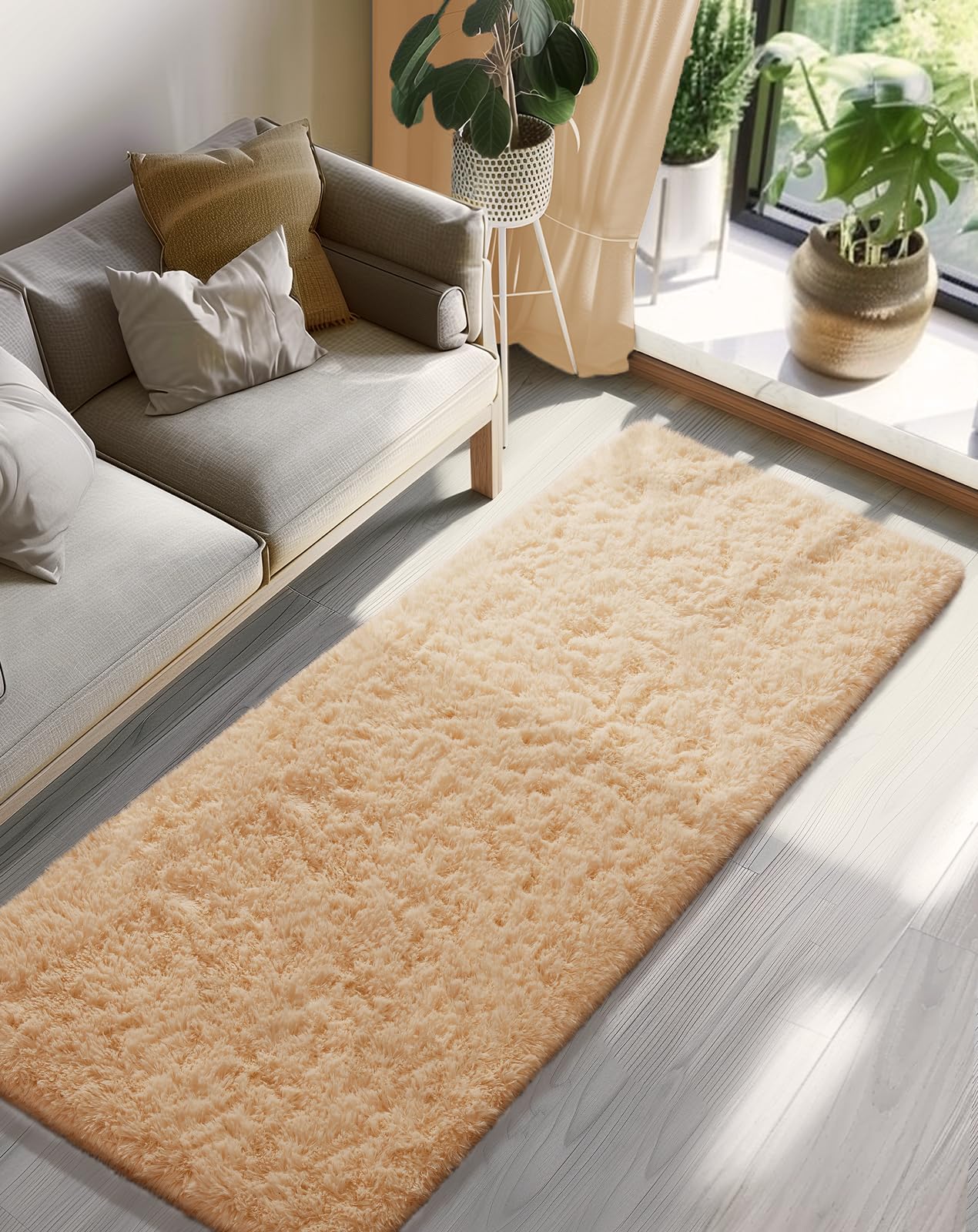 Ophanie 2x8 Runner Rug for Hallway, Upgrade Non-Slip Fluffy Soft Bedside Rugs, Bedroom Living Room Beige Shaggy Carpet for Kids