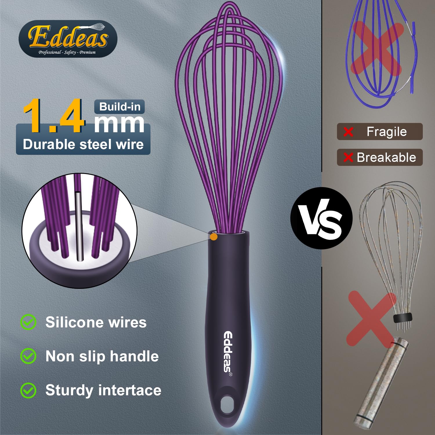 Silicone Whisk, Eddeas Non Scratch Coated Whisks For Cooking Baking Balloon Wisk, Kitchen Whisk Set Of 3 Size 7.5''+ 9'' +11''