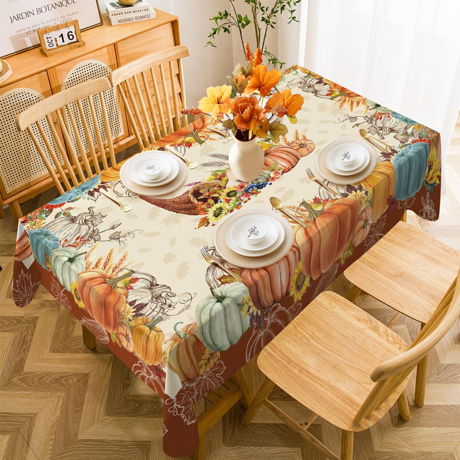 Cusugbaso Thanksgiving Tablecloth 60X84 Inch Rectangle - Thanksgiving Decorations For Table - Water-Resistant Give Thanks Fall T