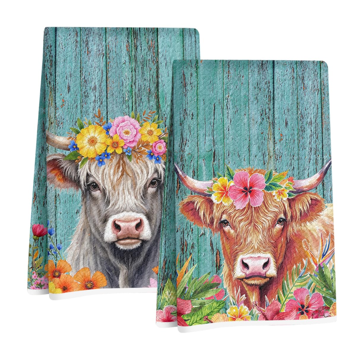 2 Pcs Cow Kitchen Towels, Rustic Flower Soft Absorbent Hand Tea Towel, Microfiber Dish Cloths for Drying Dishes, Waffle Dish Tow