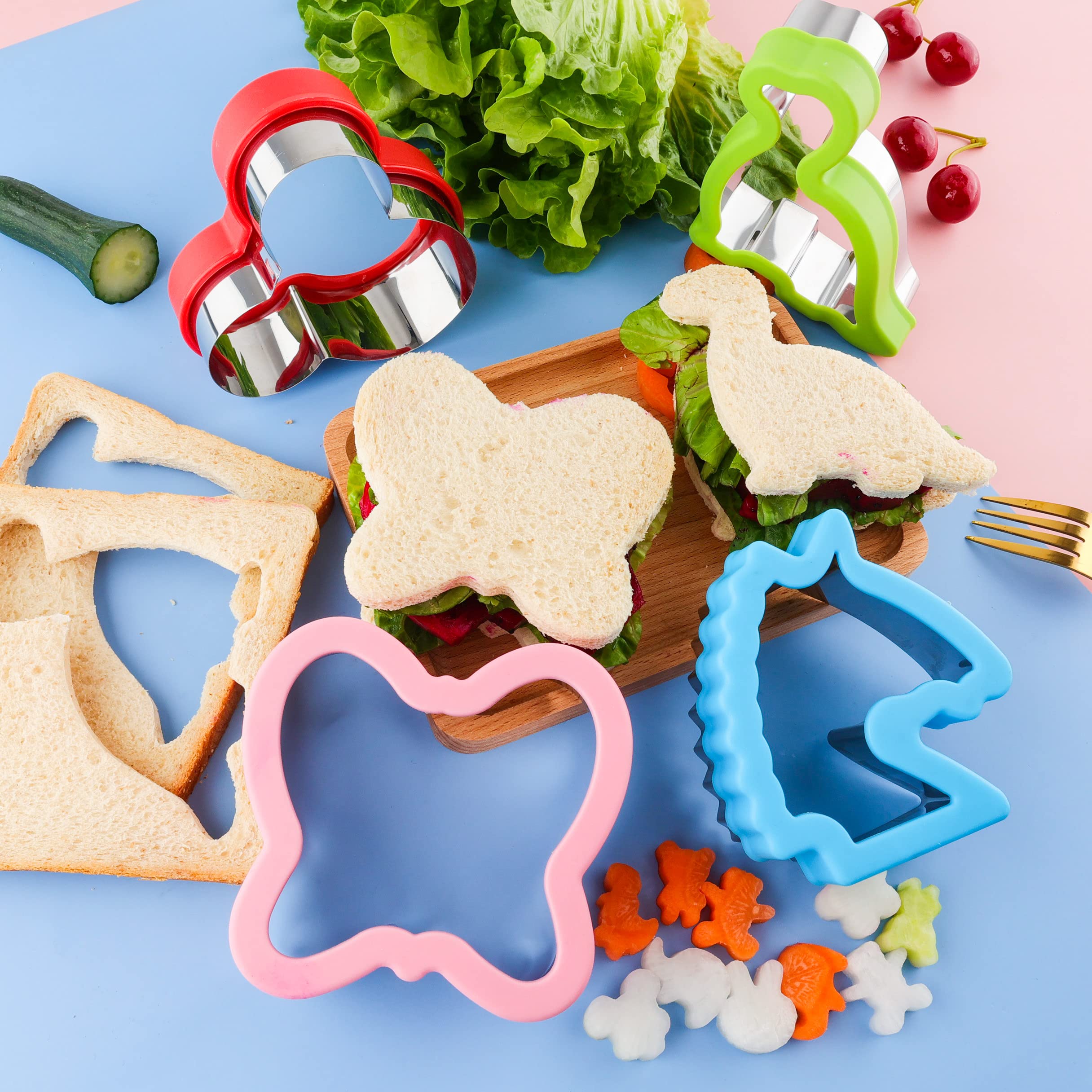 HiHITAOO Sandwich Cutter Set - 13 Multicolor Fruit & Food Shaped Cutters, Stainless Steel, Various Sizes - Butterfly, Dinosaur, Unicorn