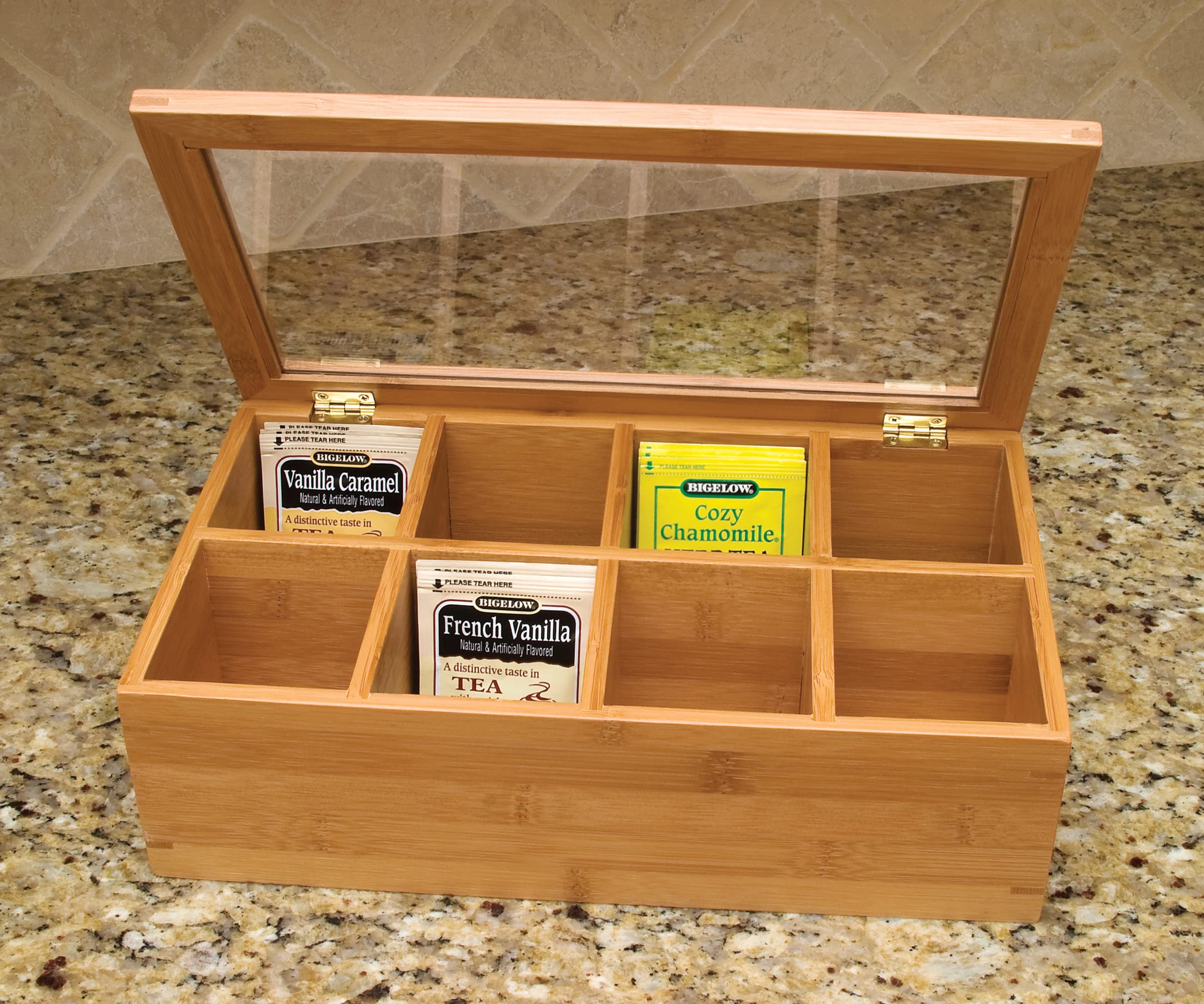 Lipper International Bamboo Wood Tea Box with Clear Lid  8 Compartments  12-1/2'' x 7-1/2'' x 3-5/8''