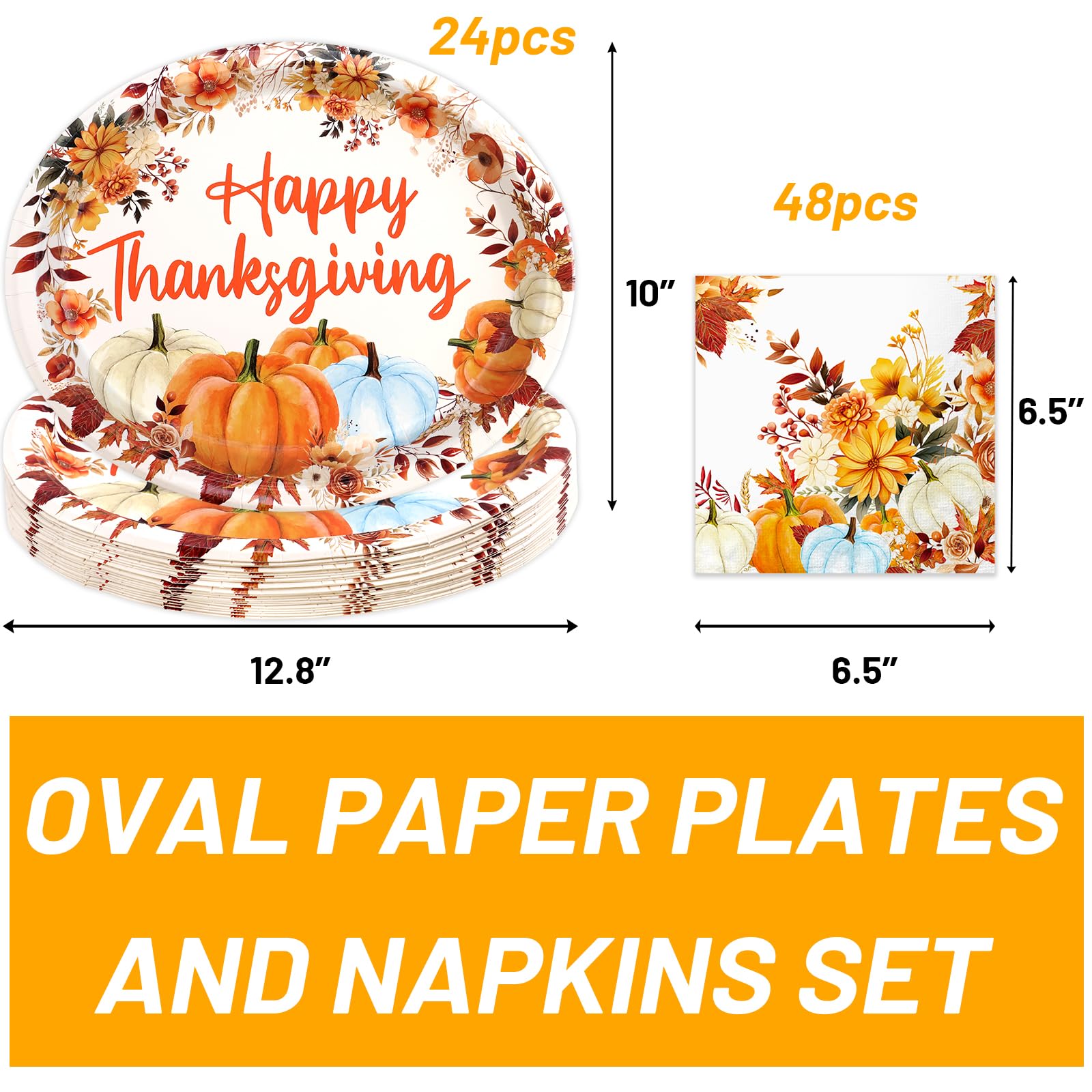 WorldBazaar 72 Pcs Thanksgiving Oval Paper Plates and Napkins Fall Party Essentials Party Supplies Fall Large Paper Plates Dispo