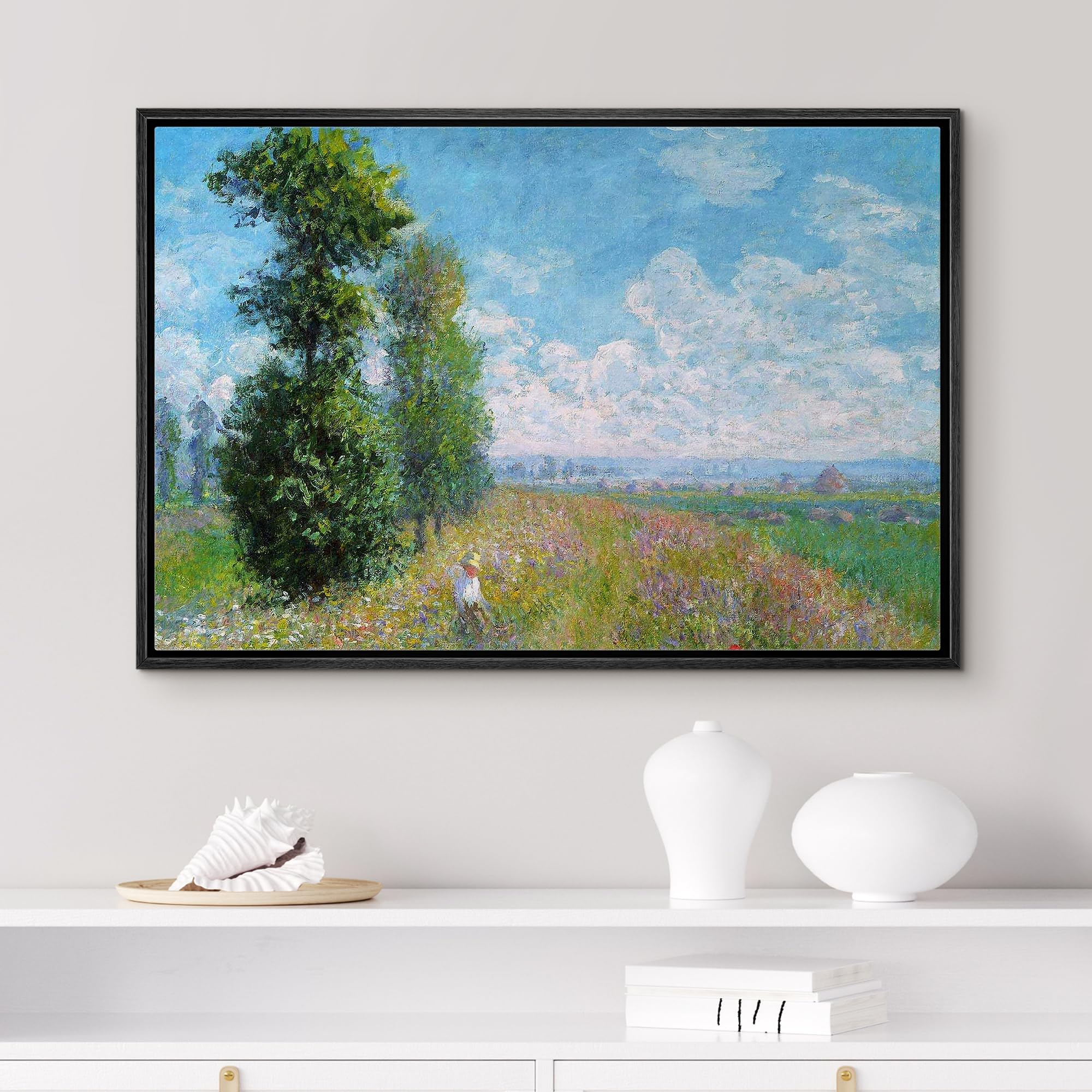 Wall26 Meadow With Poplars By Claude Monet - Impressionist Modern Art - Framed Canvas Art Home Art - 16''X24'' Black