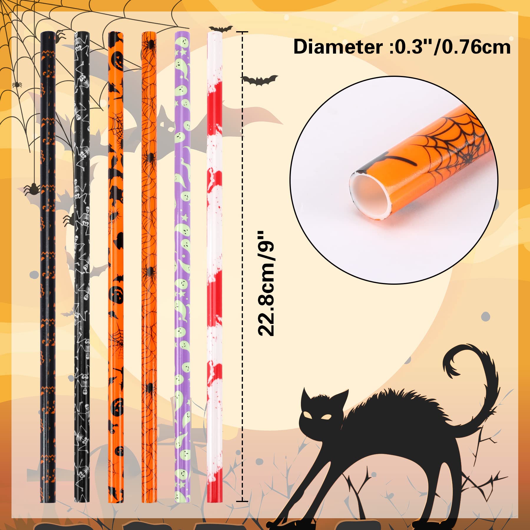Janyun 30 Pcs Halloween Reusable Straws 9Inch Pumpkin Bat Skeleton Spider Printing Hard Plastic Drinking Straw For Mason Jar Tum