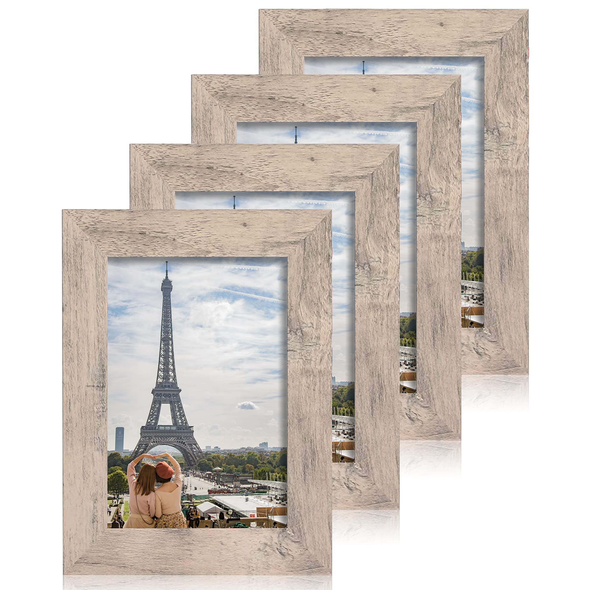 iRahmen 4x6 Picture Frame Set of 4, High Definition Real Glass Smoke Gray Frame, 4 x 6 Wood Photo Frames for Tabletop Display an