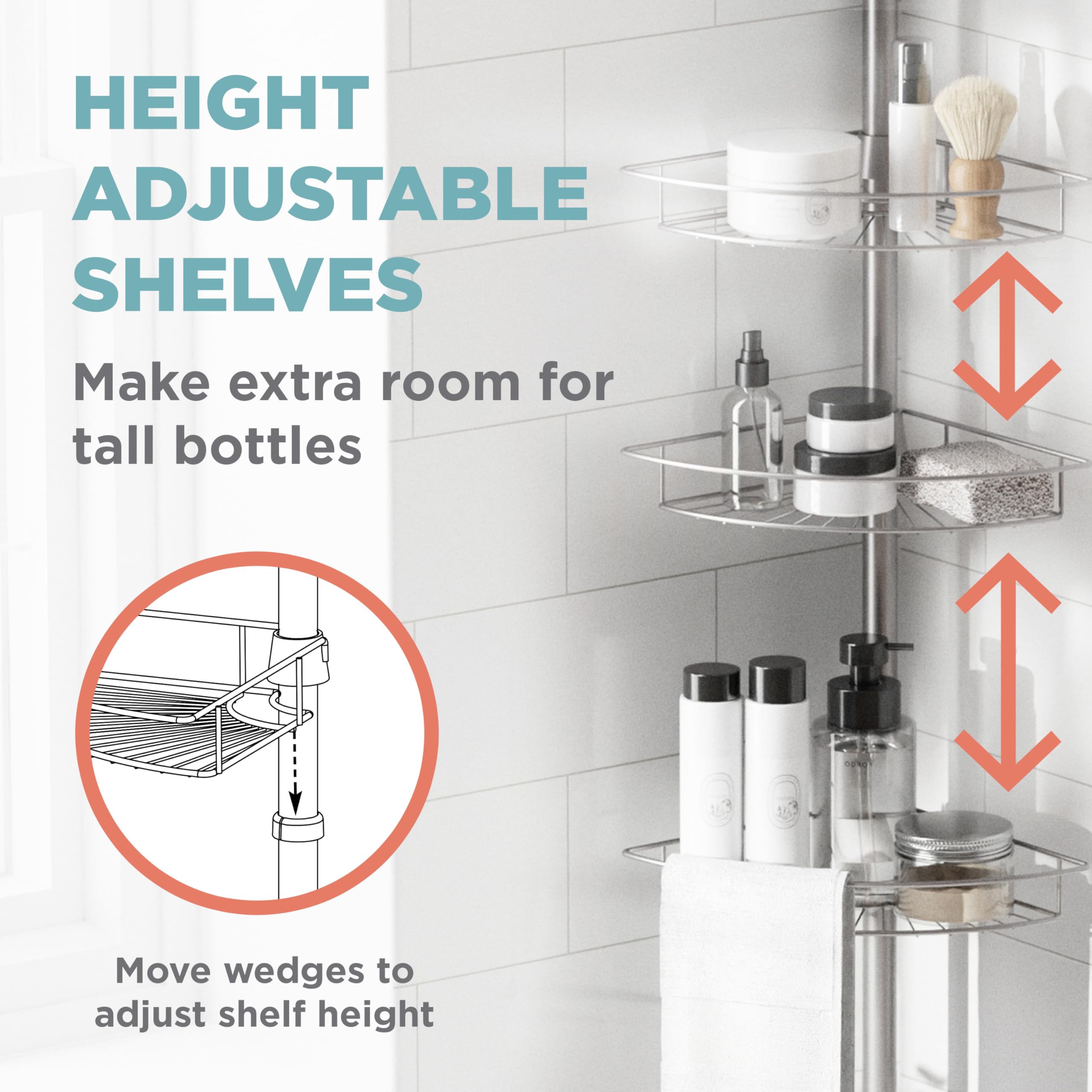 Zenna Home Tension Pole Shower Caddy 4 Basket Shelves with Built-in Towel Bars  Adjustable  60 to 97 Inch  Satin Nickel