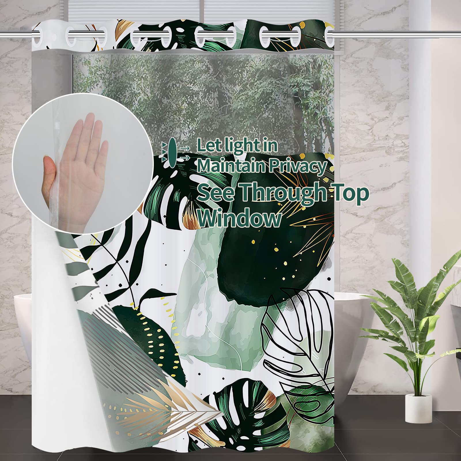 Rezaymrs Spring Floral 3 In 1 Shower Curtain No Hooks, 71X74 Inch Waterproof Washable, Polyester Snap In Fabric, Sheer Top Windo