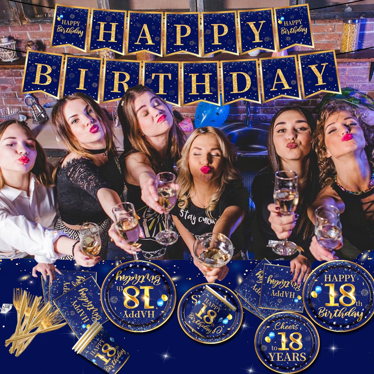 18Th Birthday Decoration Men-142Pcs Navy Blue And Gold Birthday Tableware Set(Serve For 20) Include Happy 18Th Birthday Banner P