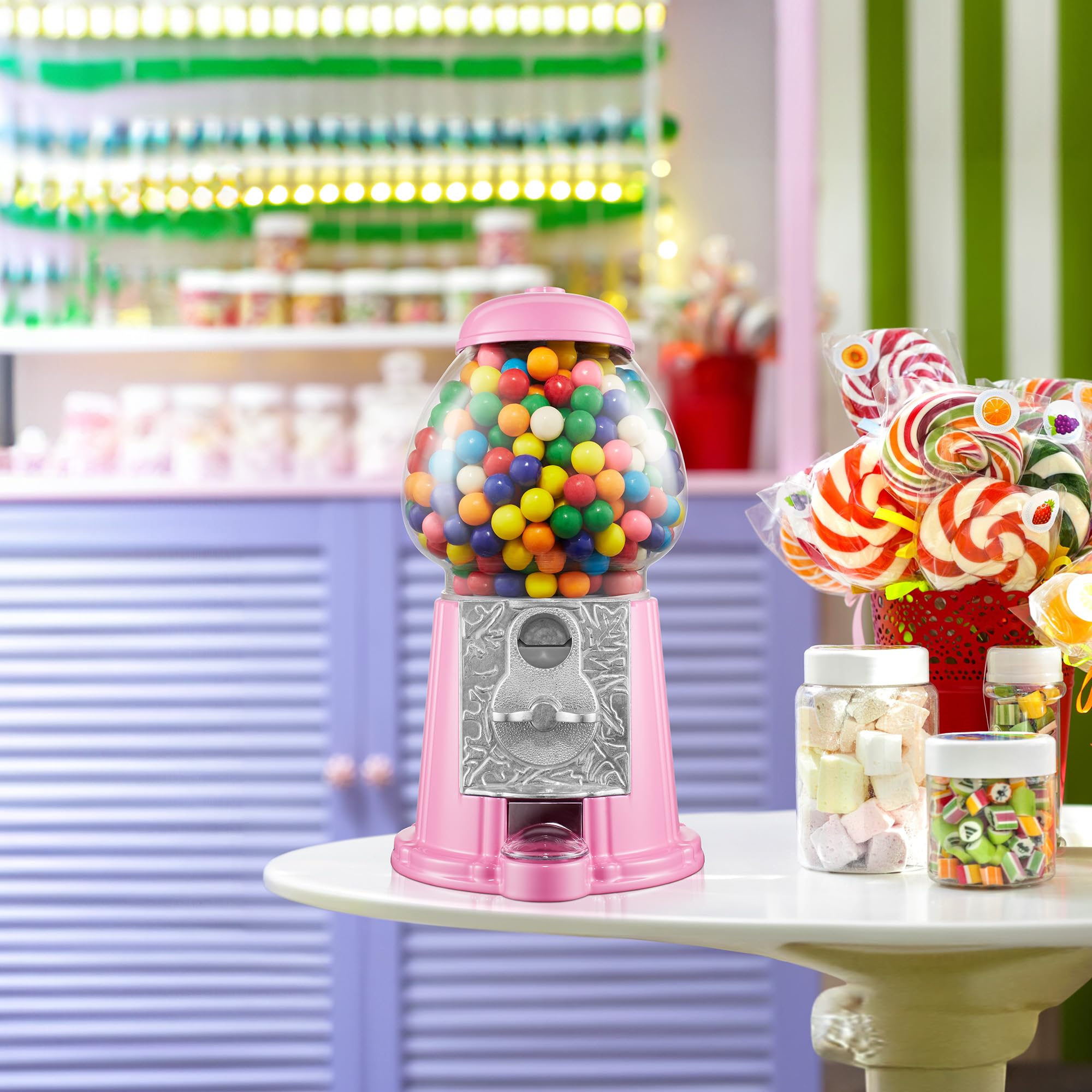 Olde Midway 12'' Gumball Machine With Glass Globe And Metal Base - Pink, Vintage-Style Bubble Gum Candy Dispenser