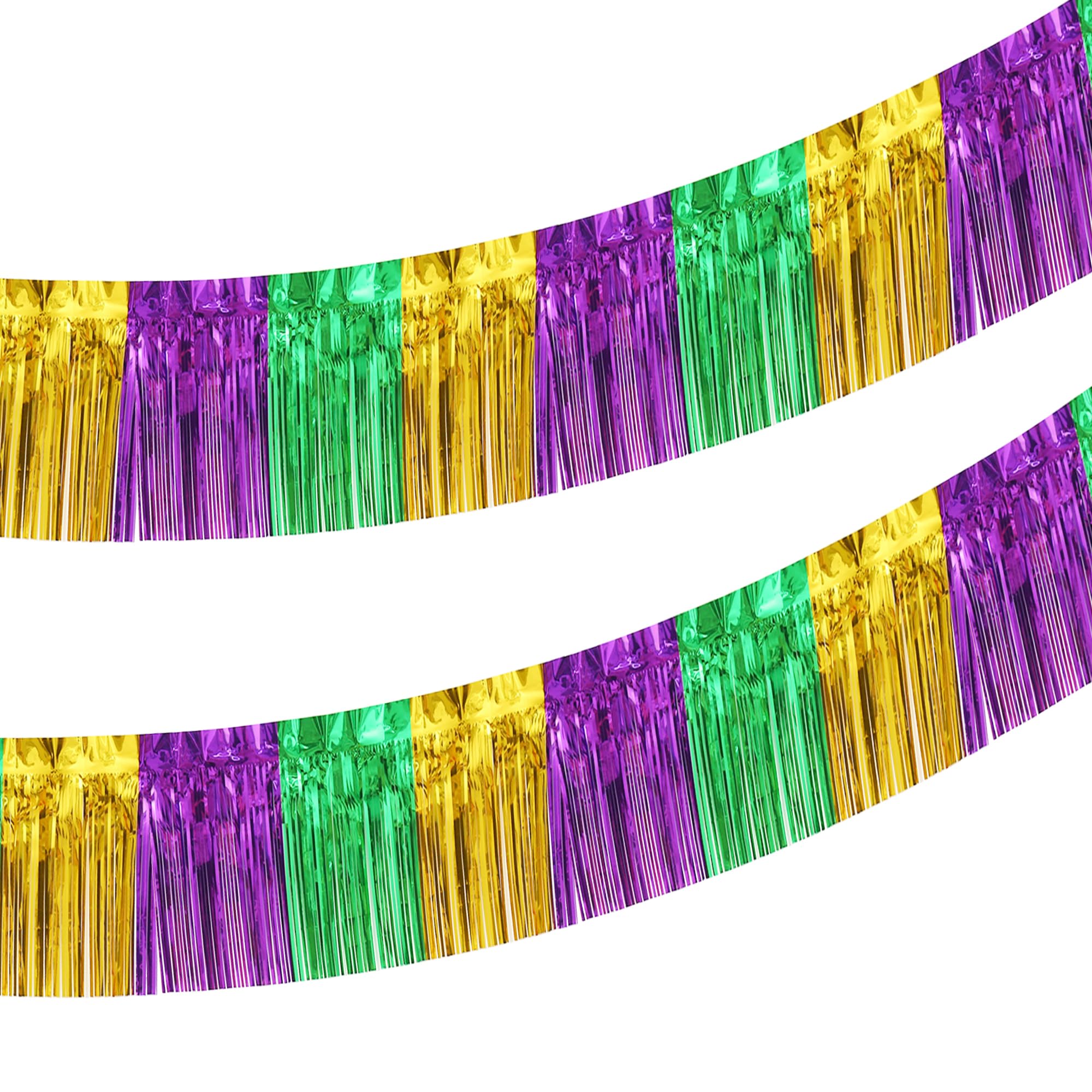 2 Pack 10 Feet Green Gold Purple Foil Fringe Garland Metallic Tinsel Streamers Banner Fringe Backdrop Banner for Parade Floats M