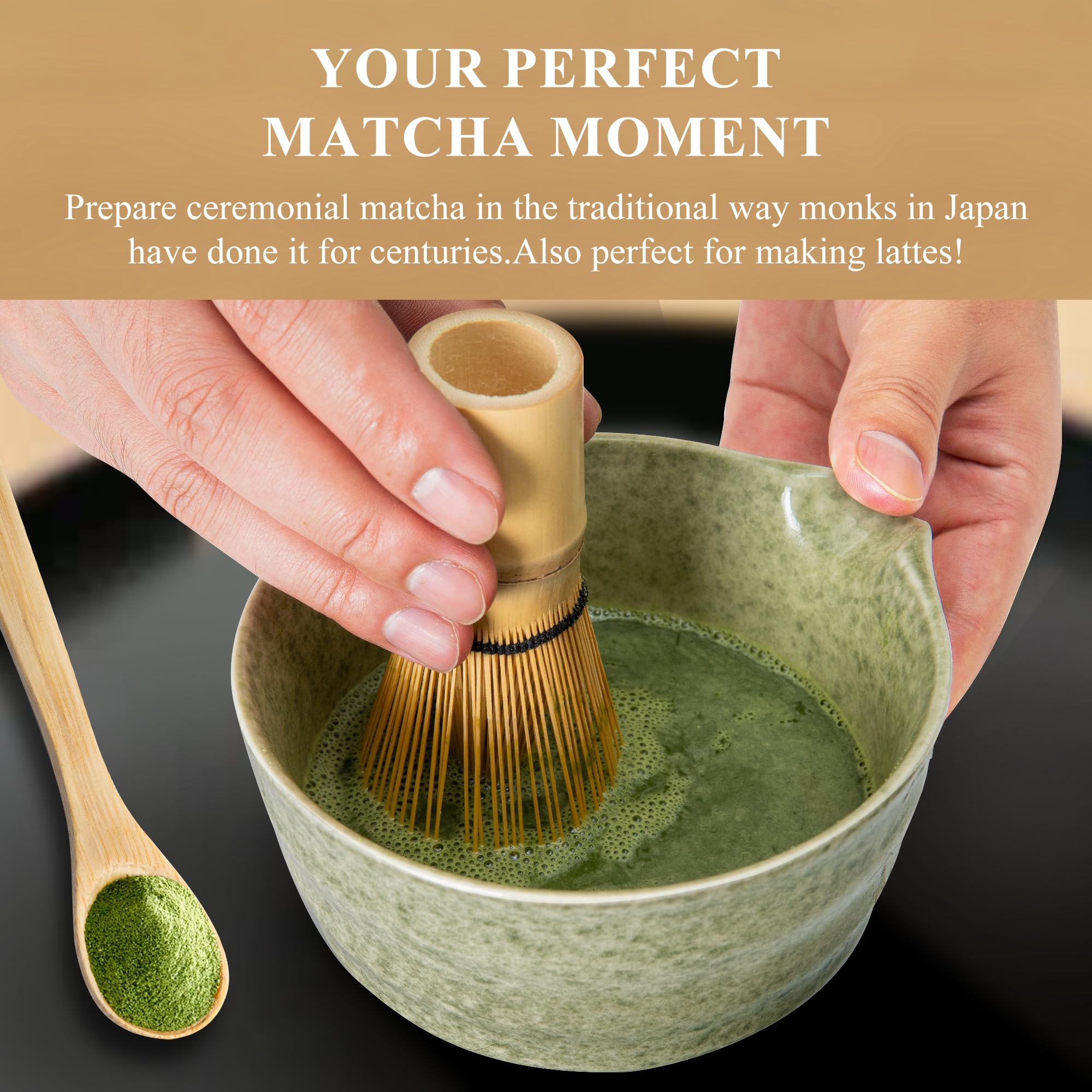 Matcha Whisk Set, Matcha Making Kit Whisk (Chasen Holder), Ceramic Whisk Holder (Mottled Green), Bamboo Scoop, Powder Starter Si