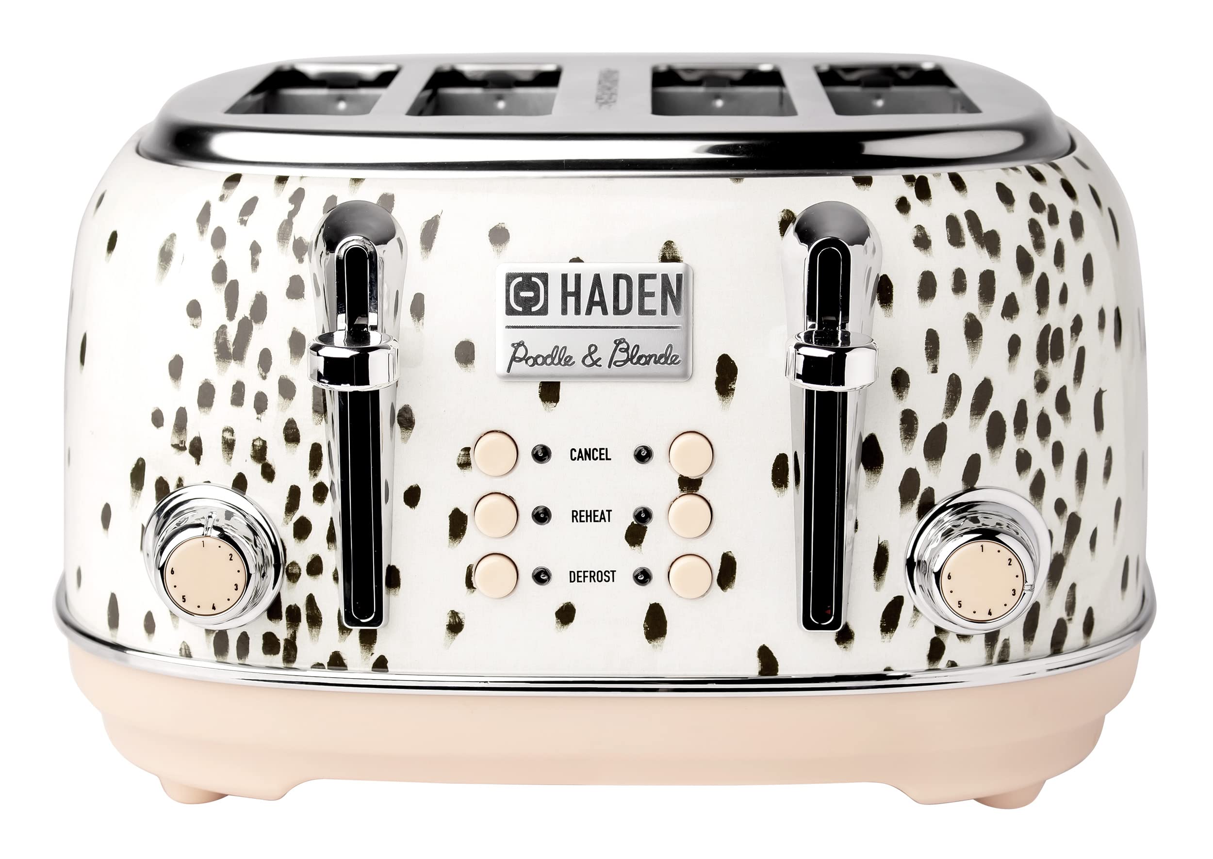 Haden 75024 4-Slice Toaster, Wide Slot With Removable Crumb Tray And Settings, White/Brown Spots/Pink