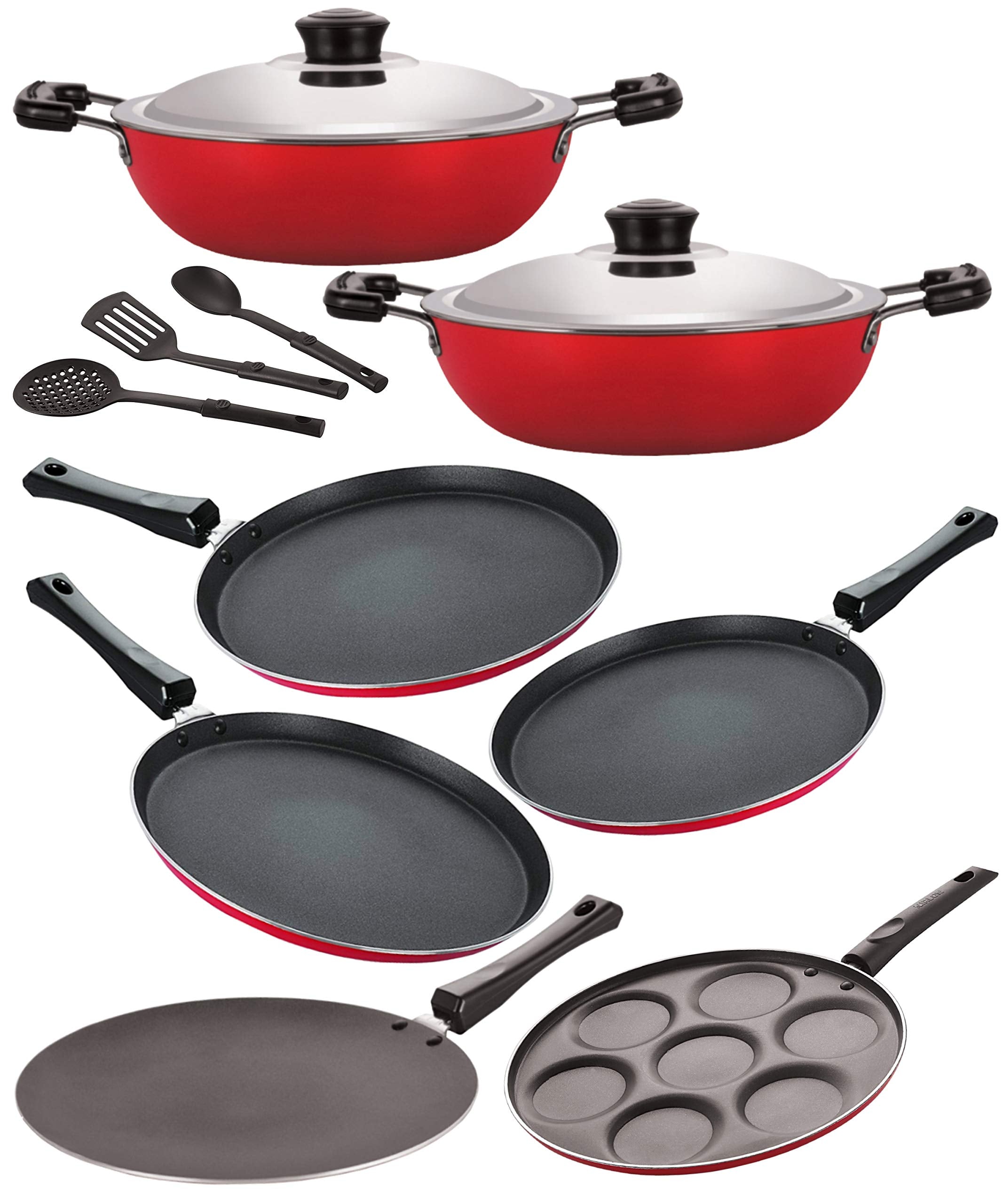 Nirlon Non Stick Cookware Pot & Pan Set Of10 Pieces With Bakelight Handle (2.6Mm_Dkd(J)_Dkd(M)_Ft11_Ft12_Ft13_Ct11_Up7_3Spoon)