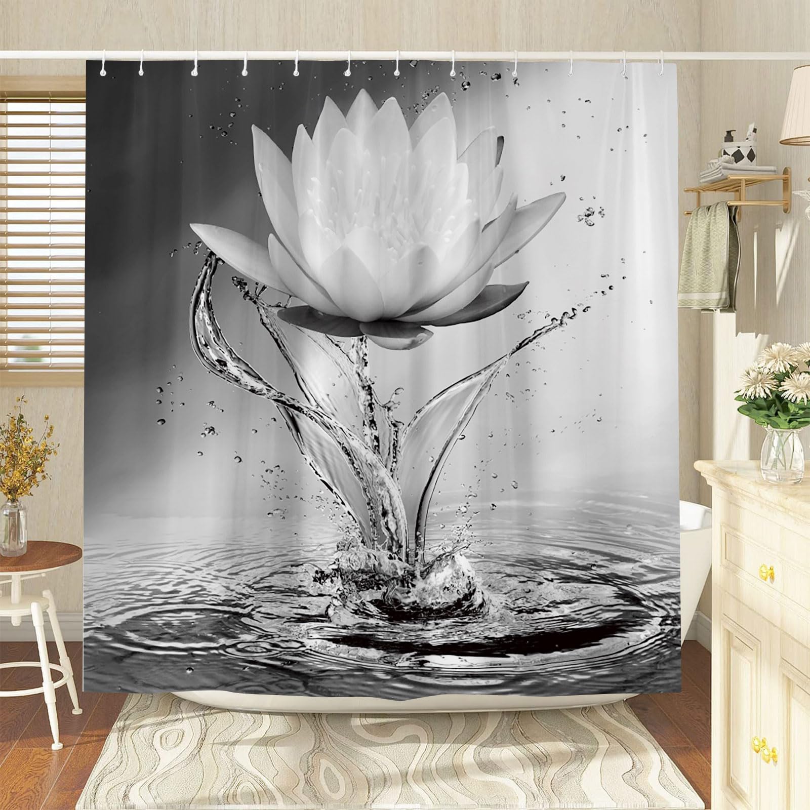 Bcnew Lotus Shower Curtain Black White Grey Flower Elegant Blooming Floral With Dew Spring Flower Reflection On Water Modern Rom