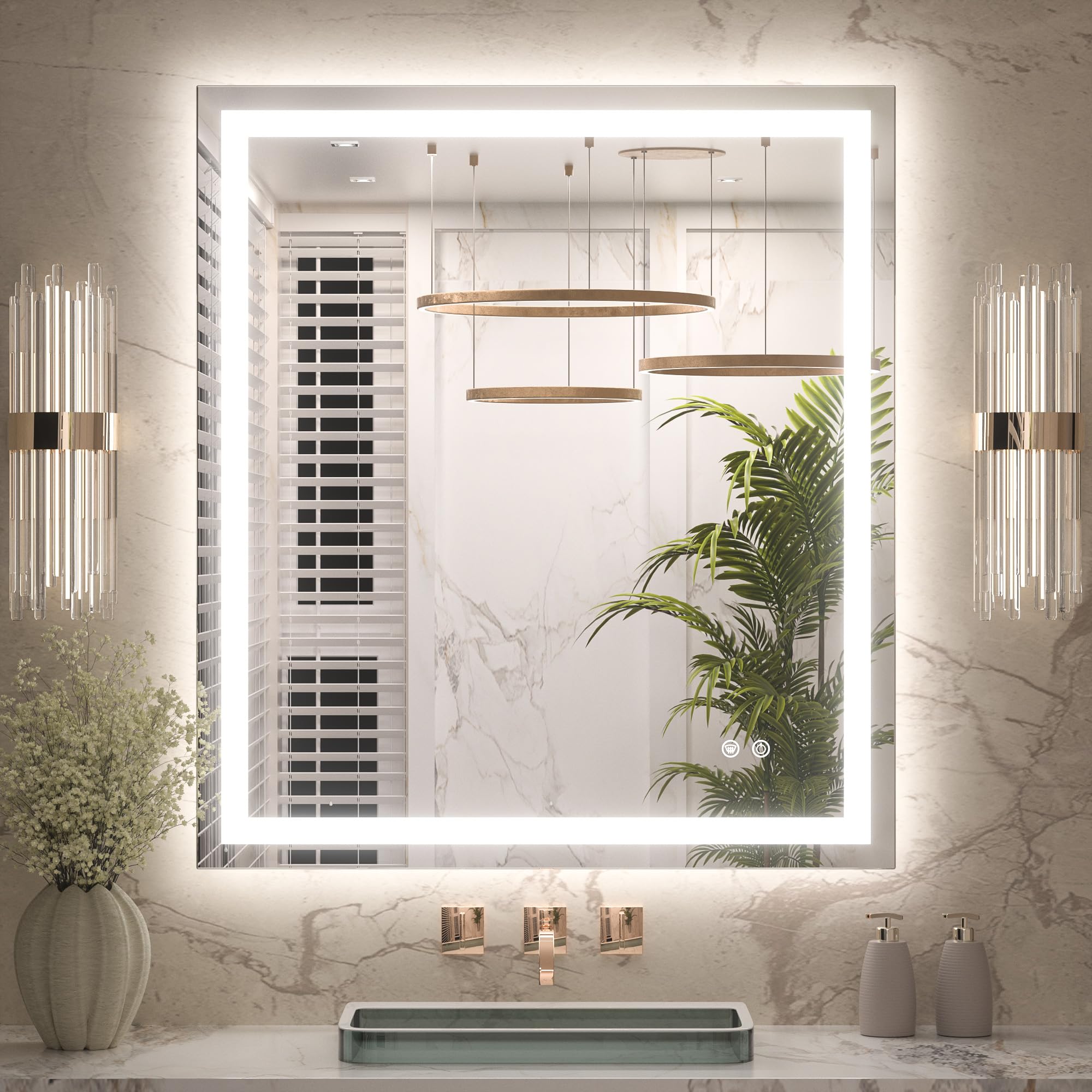 Keonjinn 32     X 36     Lighted Mirror For Bathroom Wall, Led Mirror With Frontlit & Backlit, Bathroom Mirror With Lights, Step