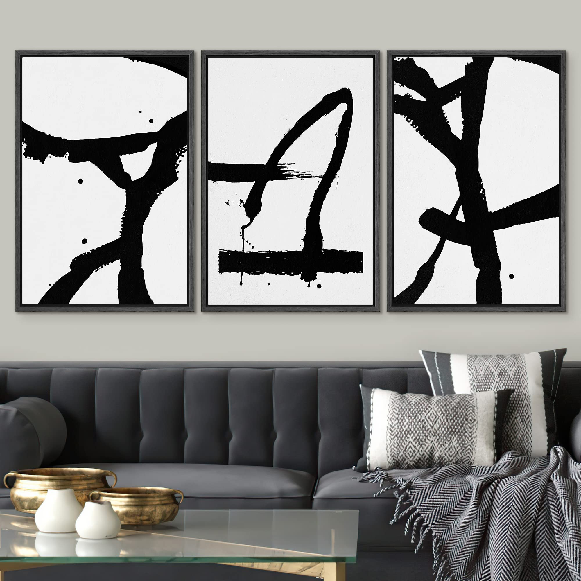 Signwin Framed Canvas Print Wall Art Trio Of Dark Paint Strokes Abstract Shapes Illustrations Modern Art Industrial Dramatic Bla