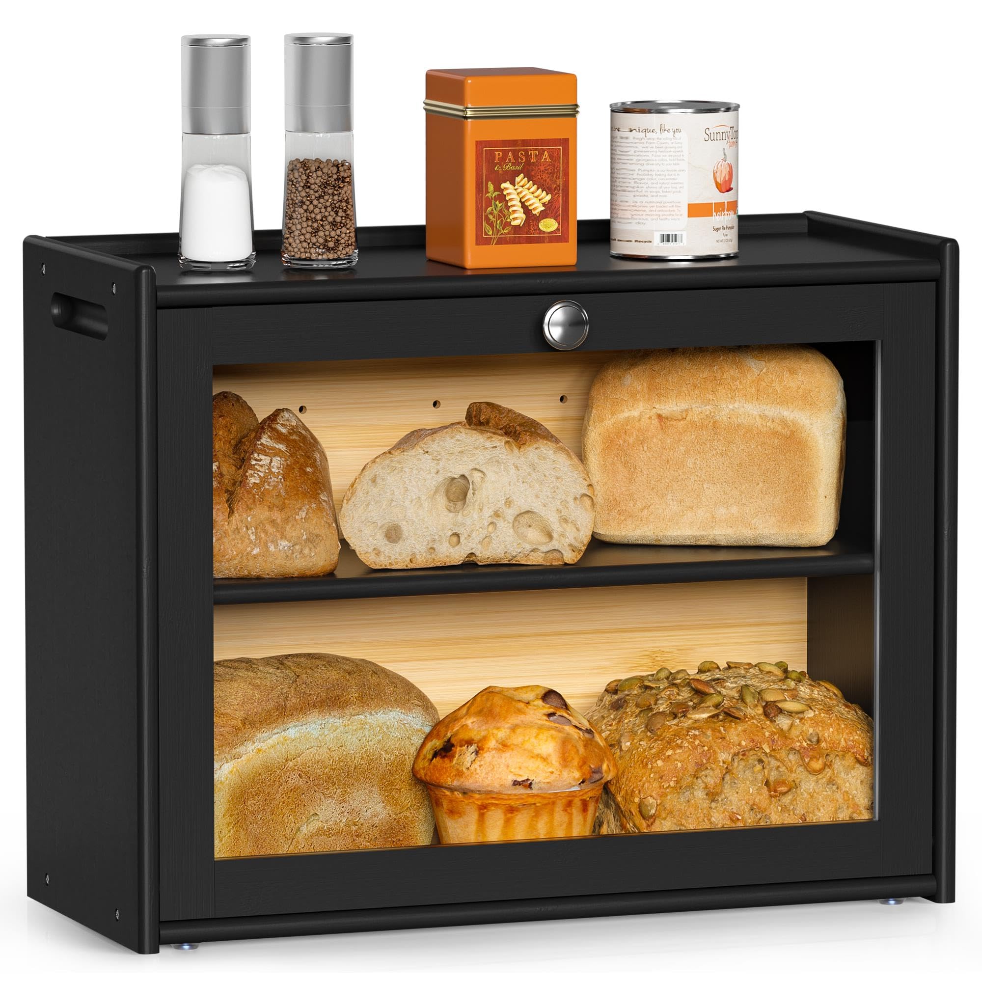 Bread Box For Kitchen Countertop, Double-Layers Large Bread Container With Transparent Door,Easy-Carry Assembled Bread Storage&M