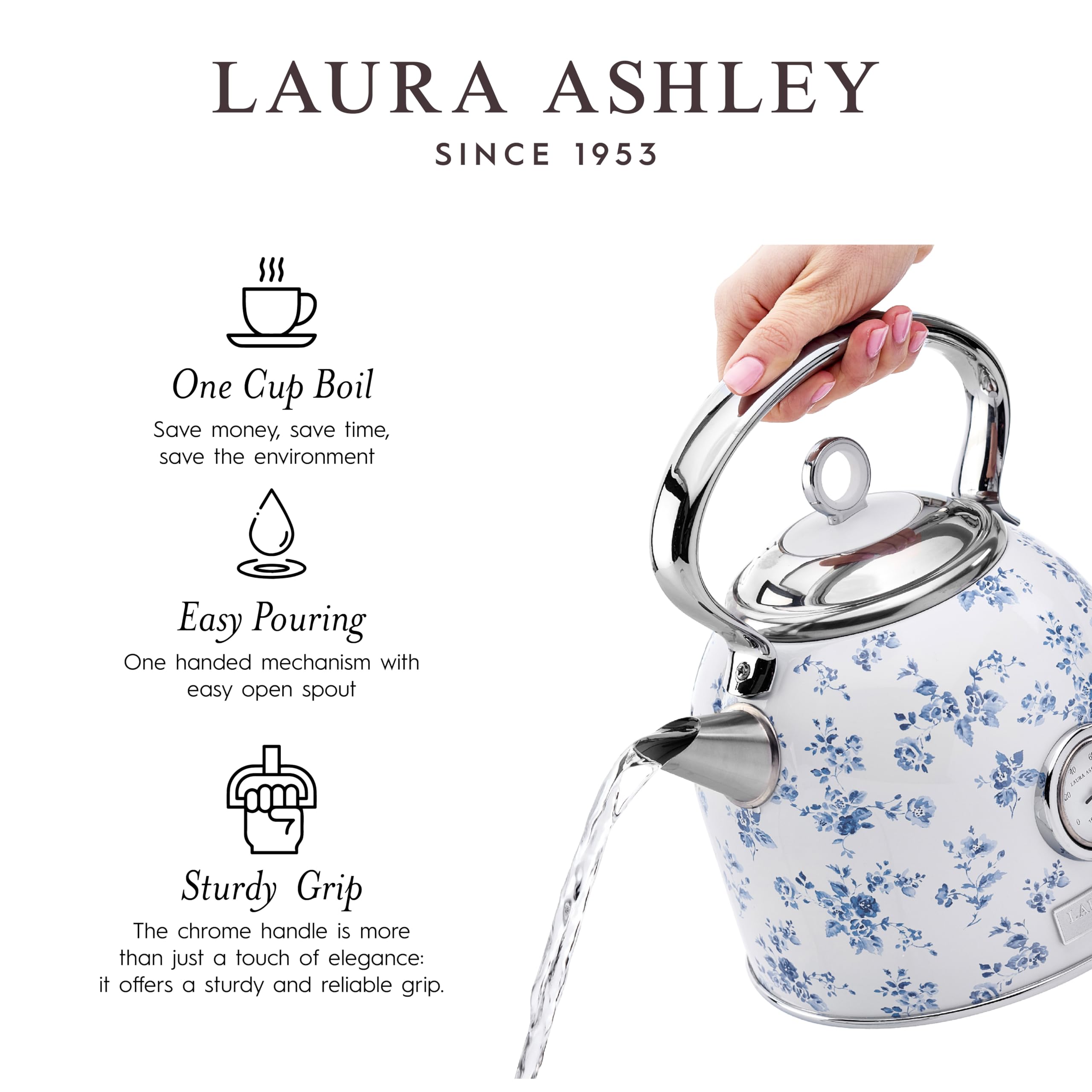 Laura Ashley 1.7L Stainless Steel Electric Kettle - 1500W Rapid Boil, Automatic Shut Off, China Rose - Model VQ-SBPKK336-LACR-US