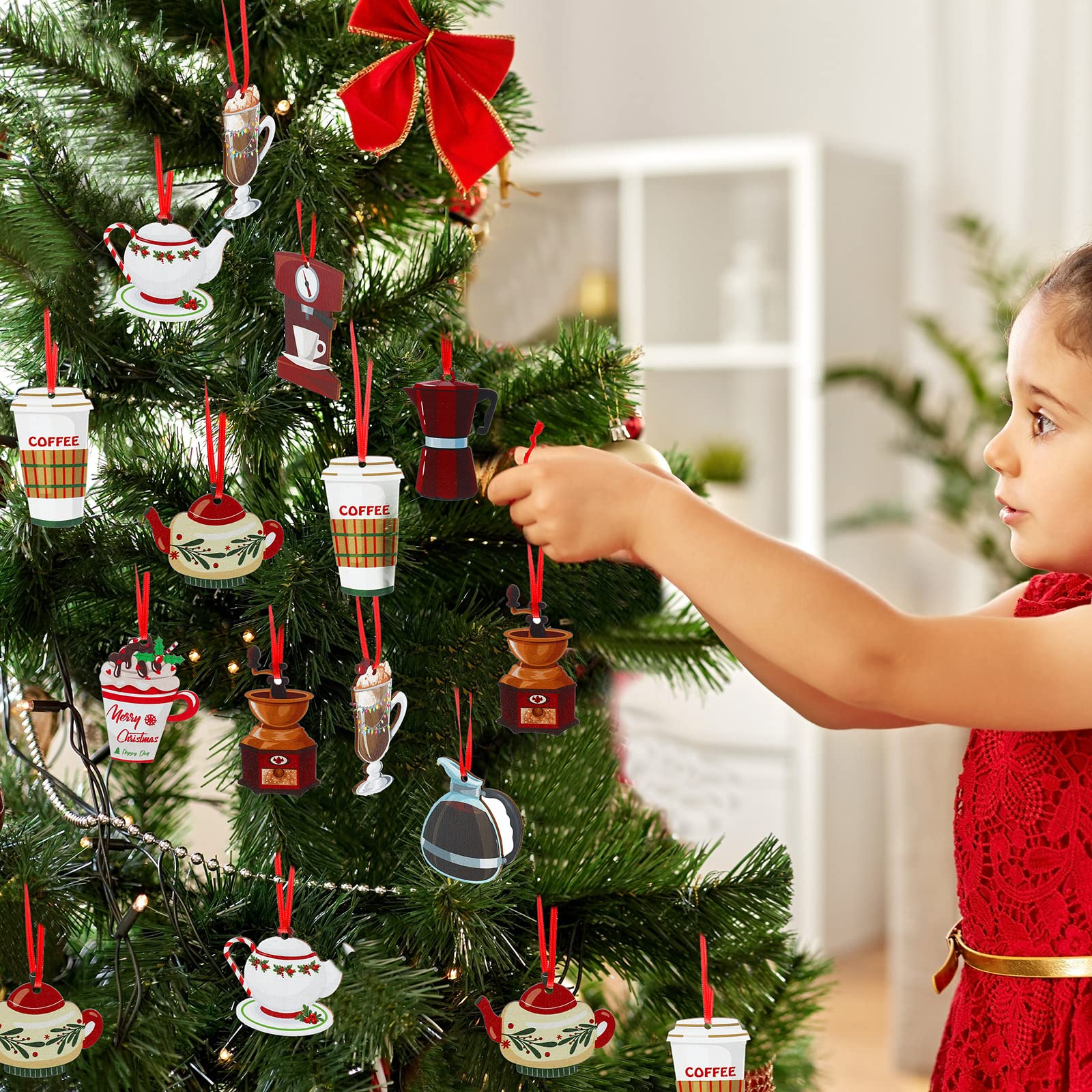 12 Pieces Christmas Coffee Cup and Tea Hanging Wood Cutouts Decoration Ornament for Xmas Tree Party Holiday Home Decor (Cups Sty