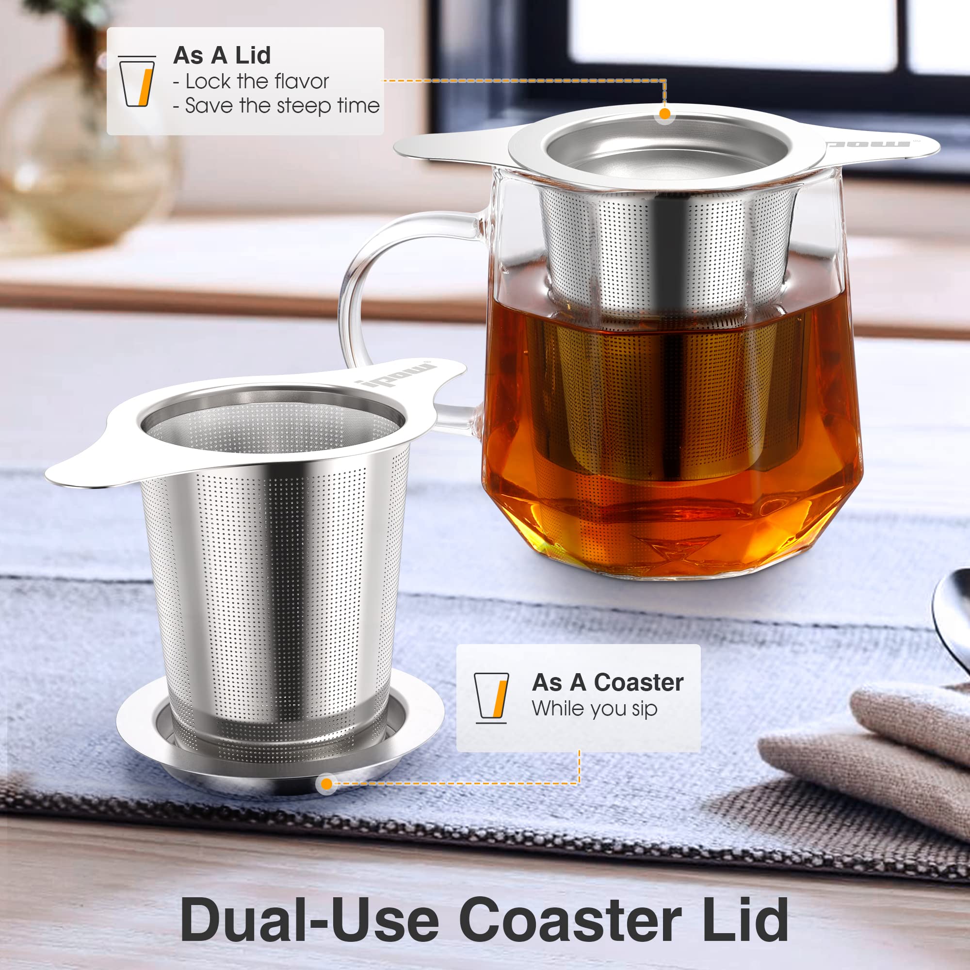 Ipow 2 Pack Extra Fine Mesh Coffee Filter With Coaster Lid And Double-Sided Handle, Micron Mesh Tea Infuser For Loose Tea, Food-