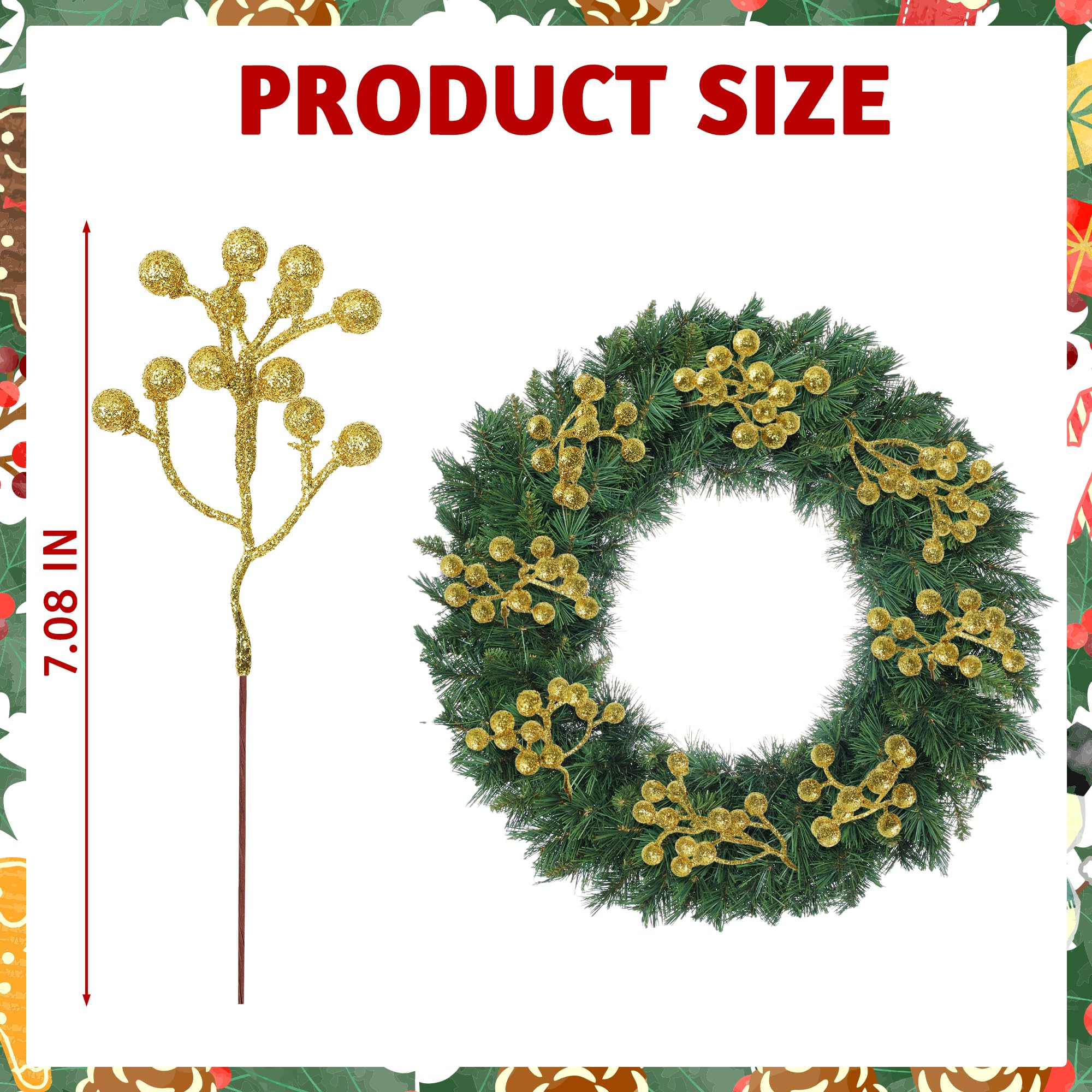 Vipay 24 PCS Christmas Tree Decorations, 7.08 in Gold Christmas Picks, Artificial Holly Berry Stems Berries Picks for DIY Flower