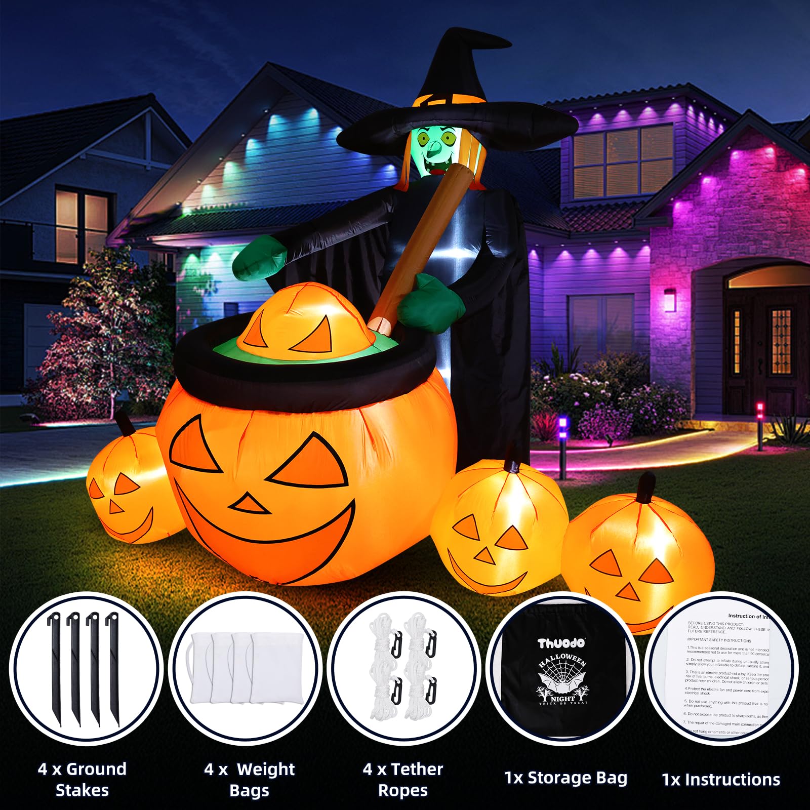 Thuodo 7 FT Tall Halloween Inflatables Witch Pumpkin Pot Outdoor Decorations Blow Up Yard with Built-in LEDs for Lawn Garden Hol