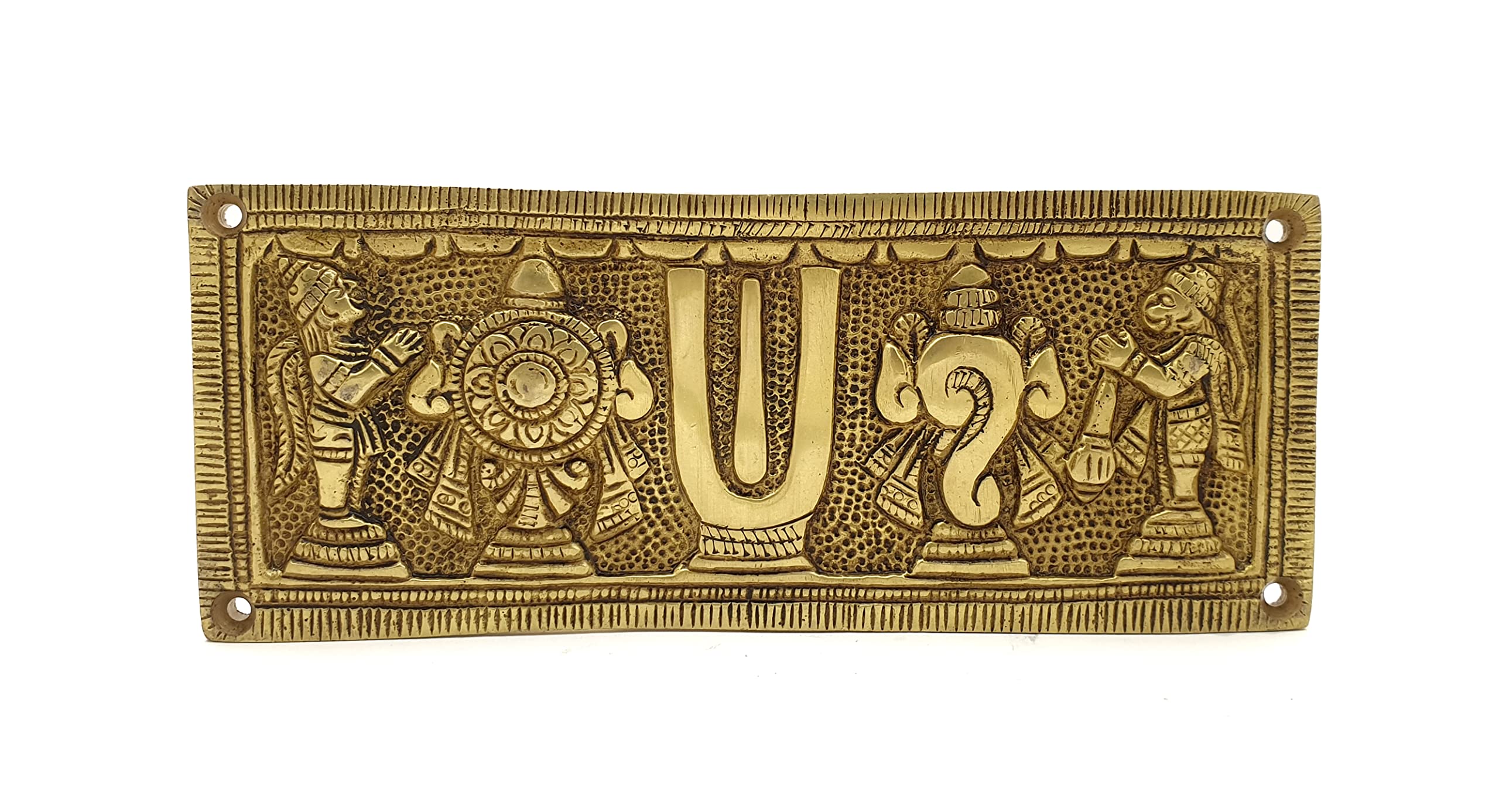 Two Moustaches Brass Shankh Chakra Namah With Hanuman And Garuda Wall Hanging, Antique Yellow, Standard, Pack Of 1
