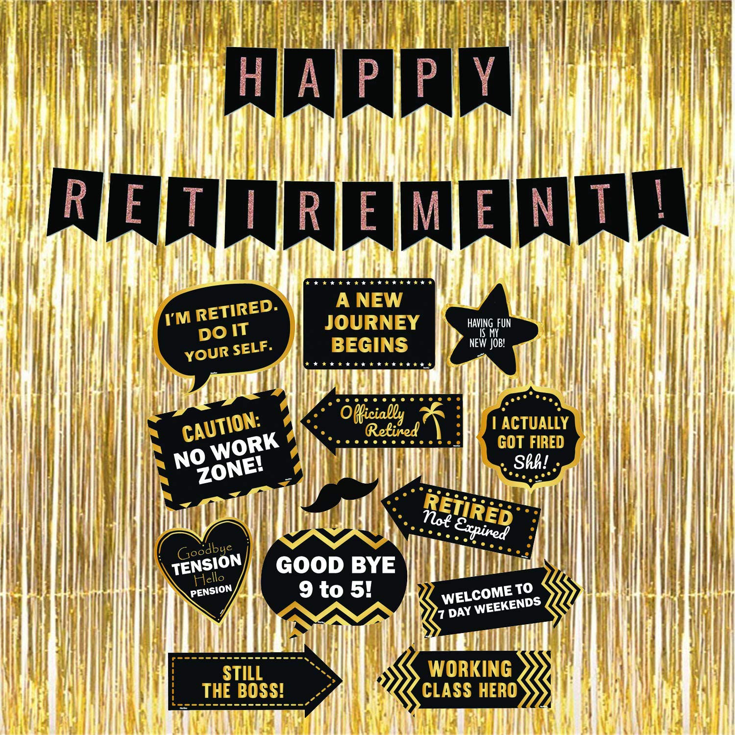 festiko 14pcs happy retirement decoration combo (12pcs photo booth props+happy retirement photo banner+3ft*6ft golden foil curta