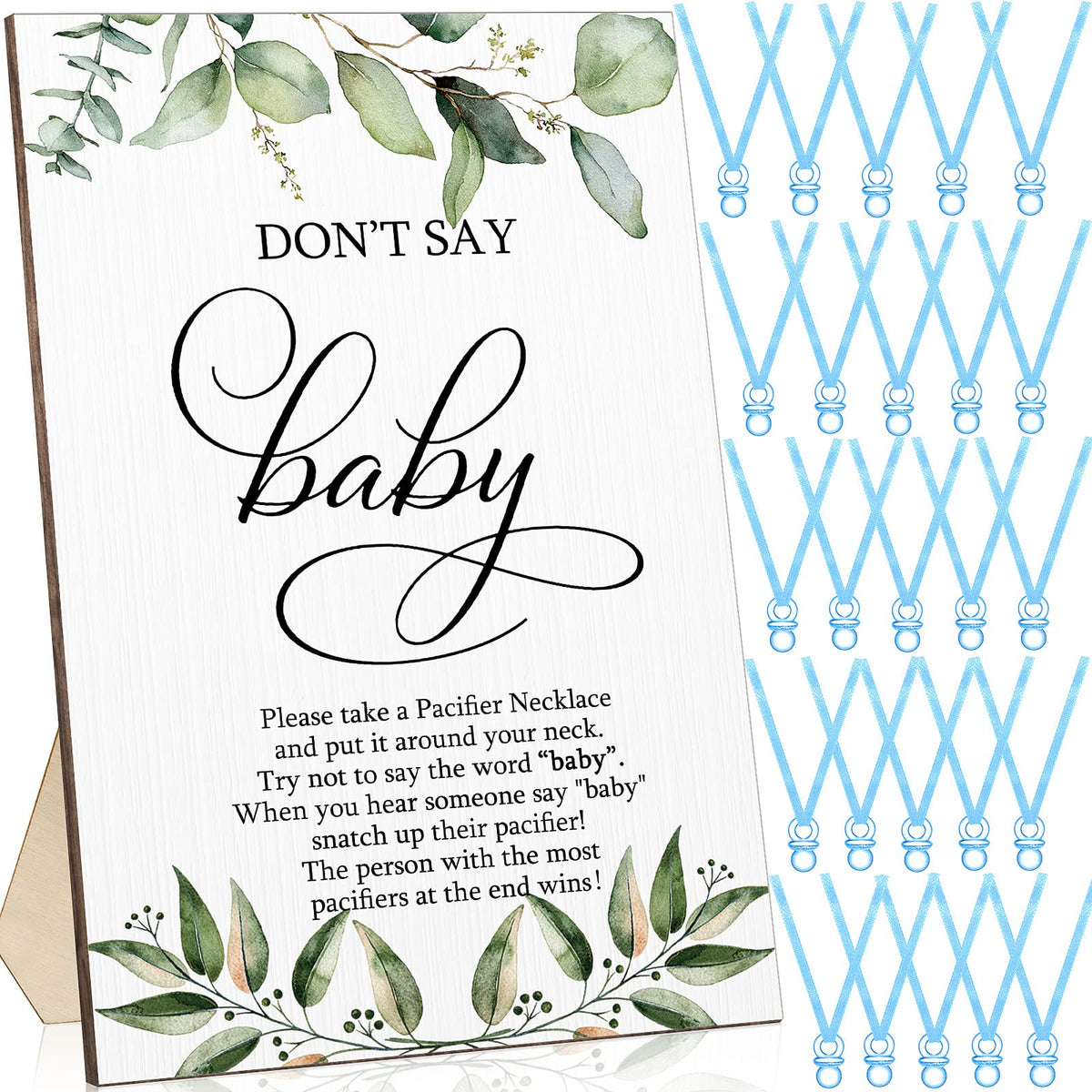 51 Pcs Don'T Say Baby Game Sign Cool Baby Shower Game 50 Baby Shower Pacifier Necklace Wooden Don'T Say Baby Sign Plastic Baby P