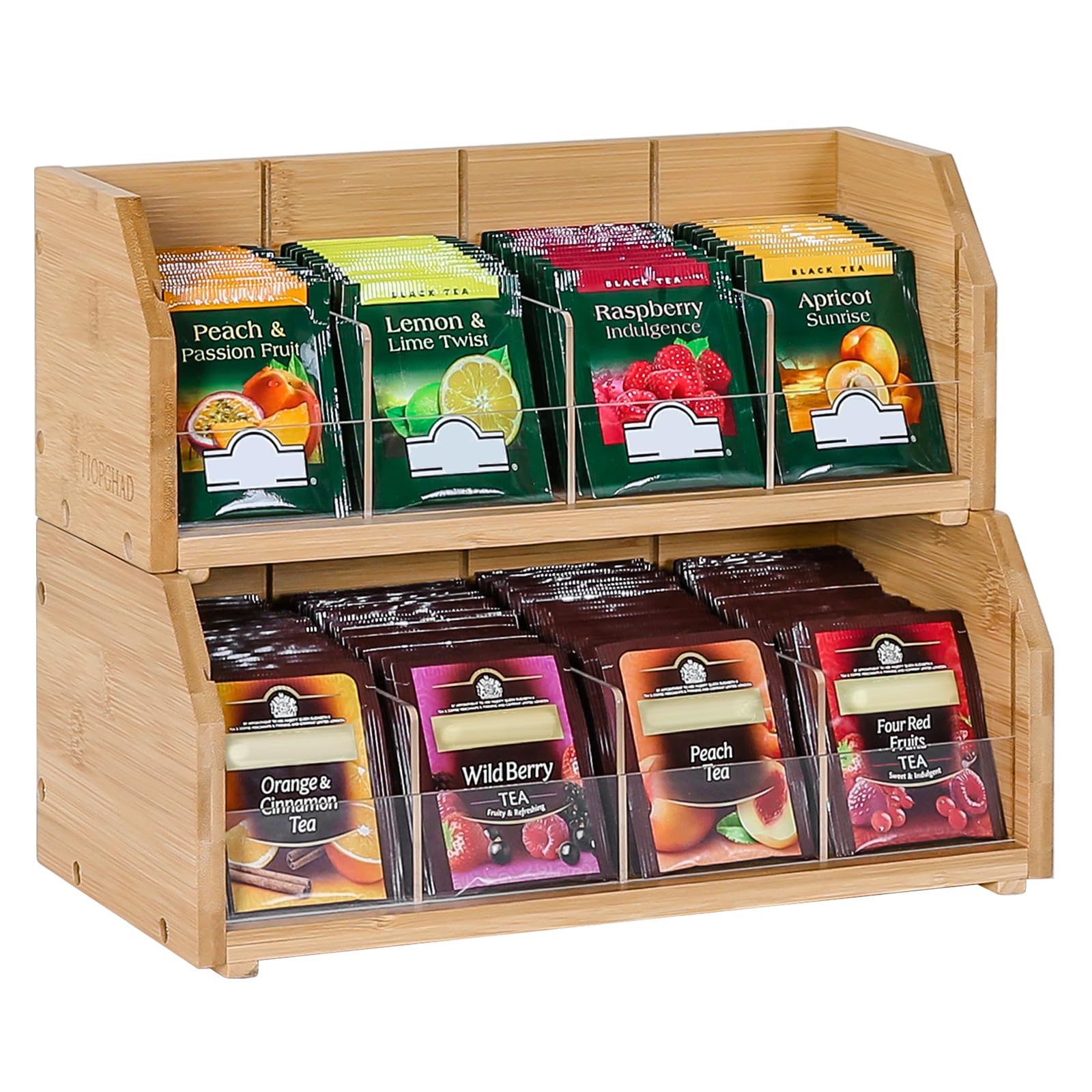 TIOPGHAD Bamboo Tea Bag Organizer - 2-Tier Stackable Storage Holder - Nature Bamboo - Model 2C-CBJ - Perfect for Countertop or Cabinet