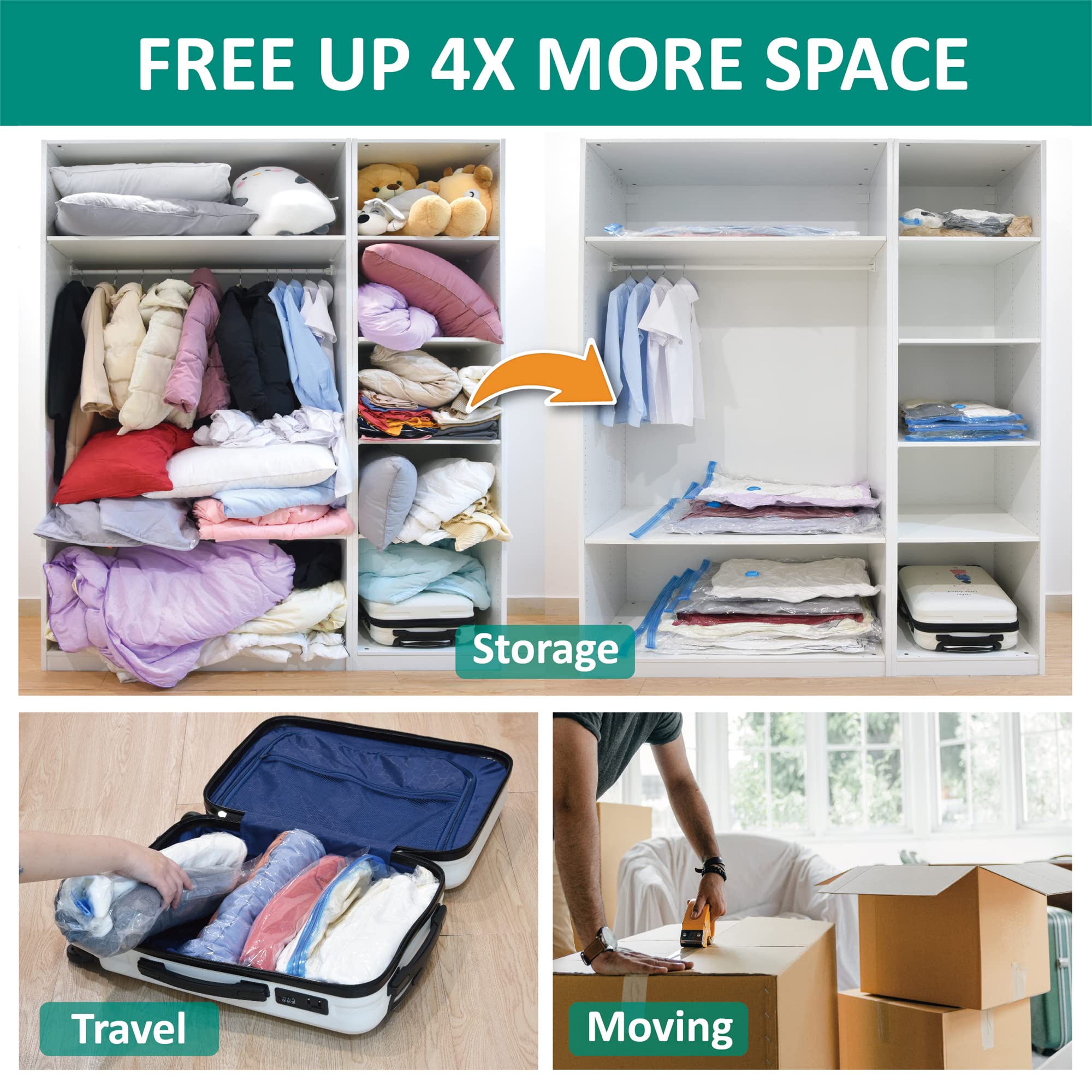 6 Jumbo Vacuum Storage Bags  Space Saver Bags Compression Storage Bags for Comforters and Blankets  Vacuum Sealer Bags for Clothes Storage  Hand Pump Included