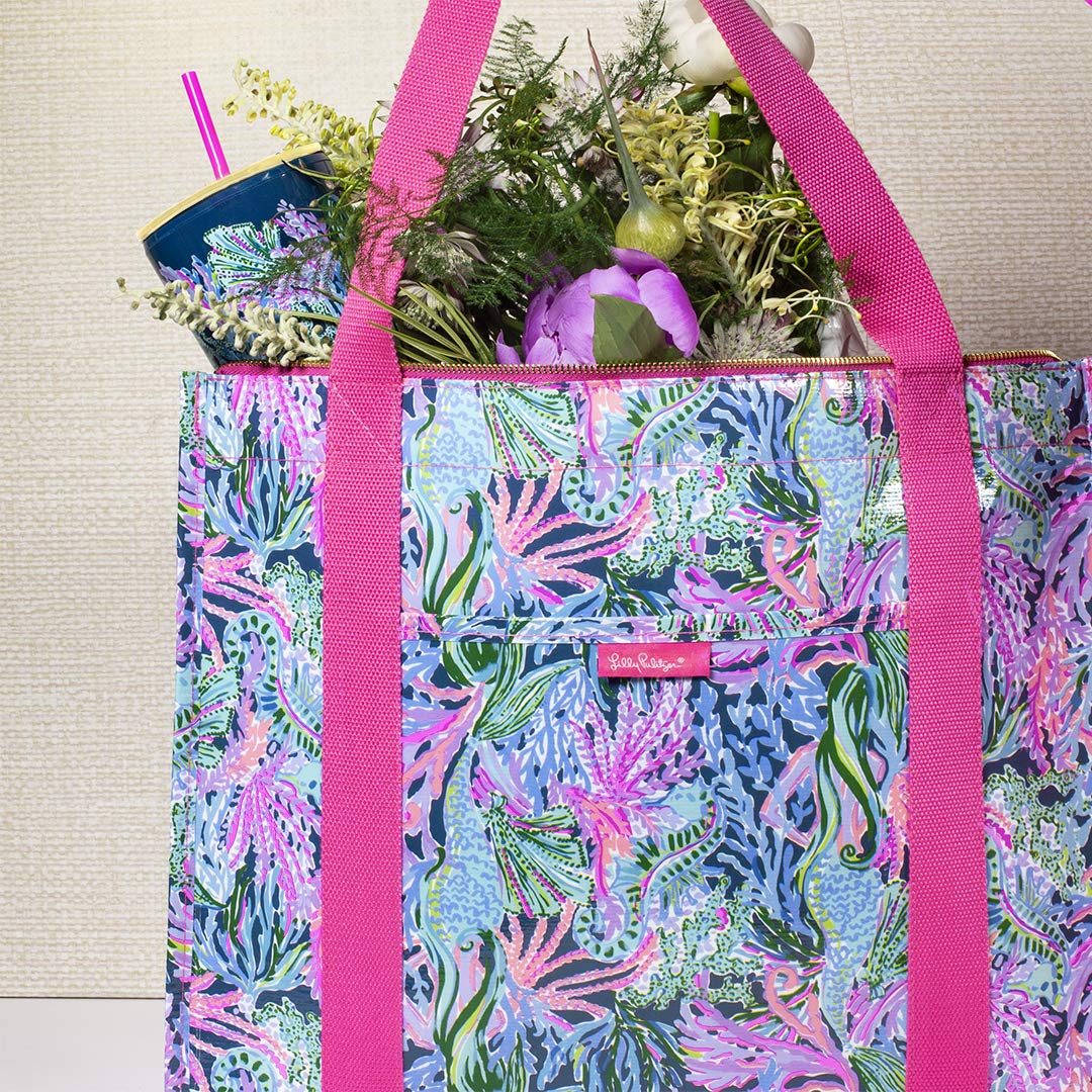 Lilly Pulitzer Insulated Market Shopper Bag Large Capacity, Oversize Reusable Grocery Tote With Thermal Insulated Interior, Brin