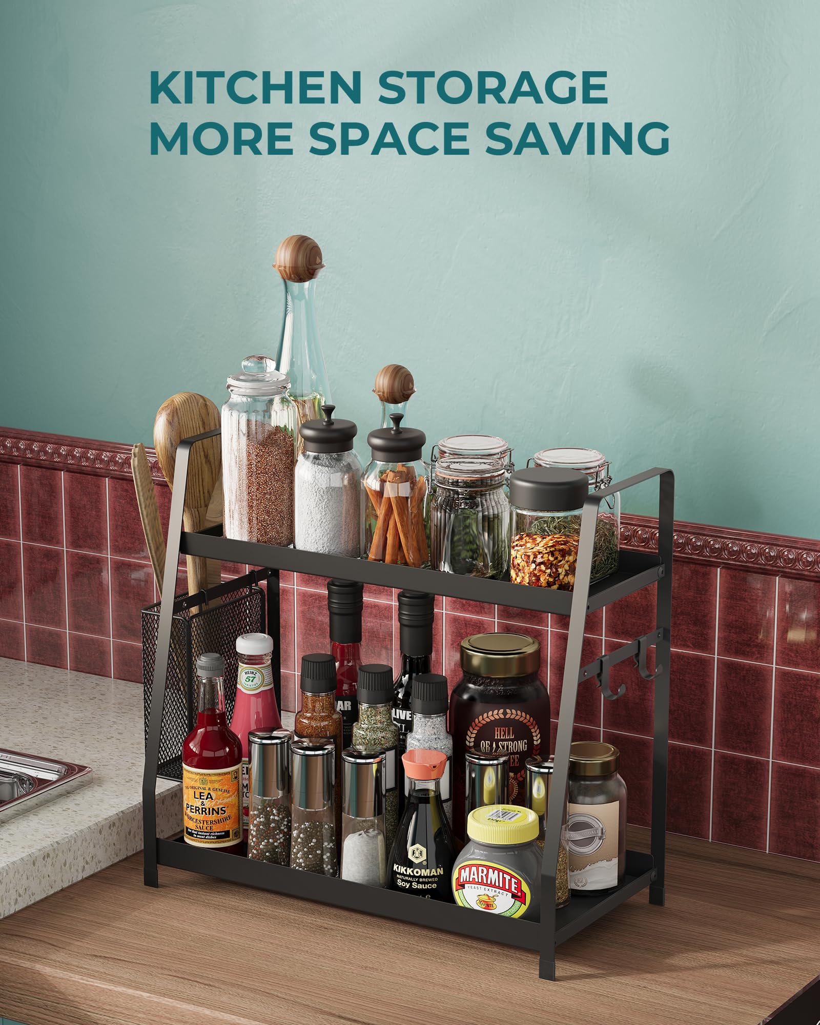 OROPY 2 Tier Spice Rack for Countertop, Height Adjustable Metal Standing Kitchen Storage Organizer Shelf, Counter Shelf for Cabi
