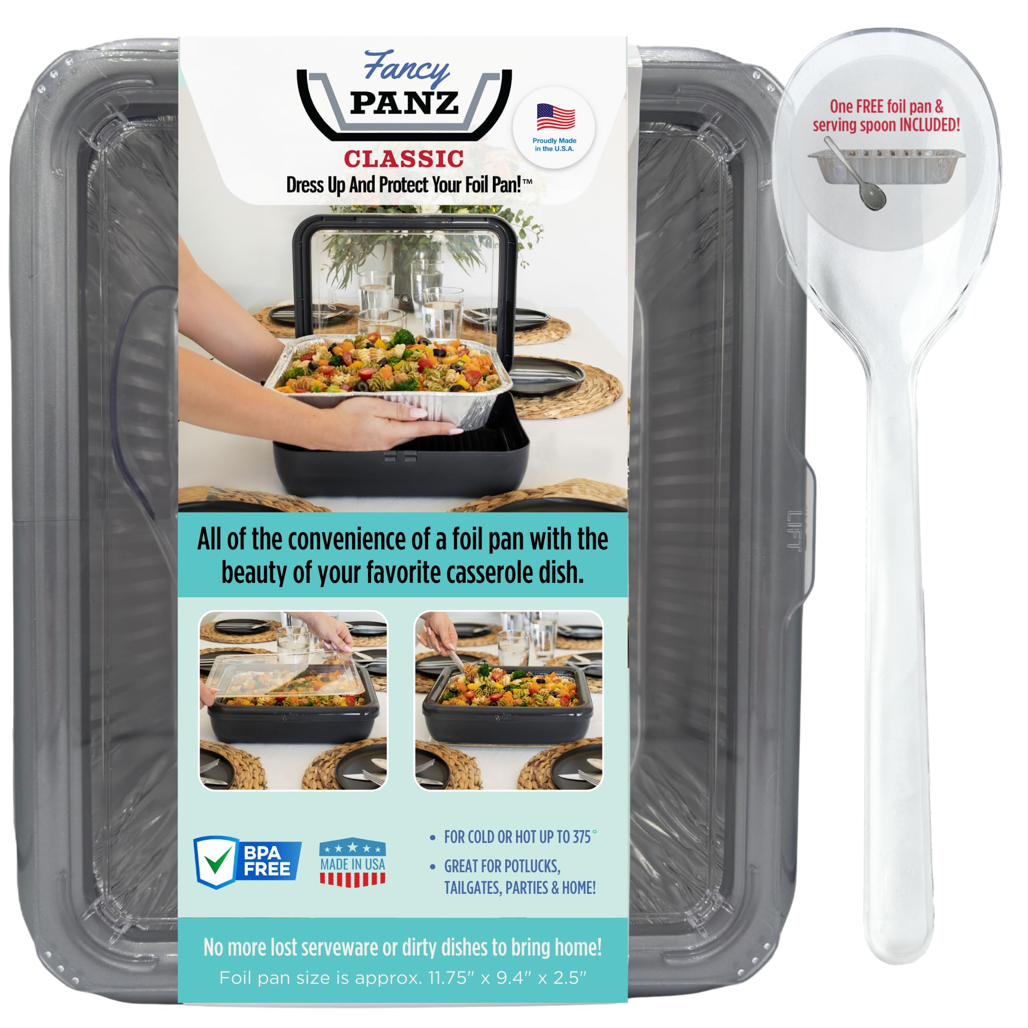 Fancy Panz - Platinum Classic Aluminum Foil Pan Carrier with Lid - Elevated Food Serving Tray - Portable Casserole Carrier with 