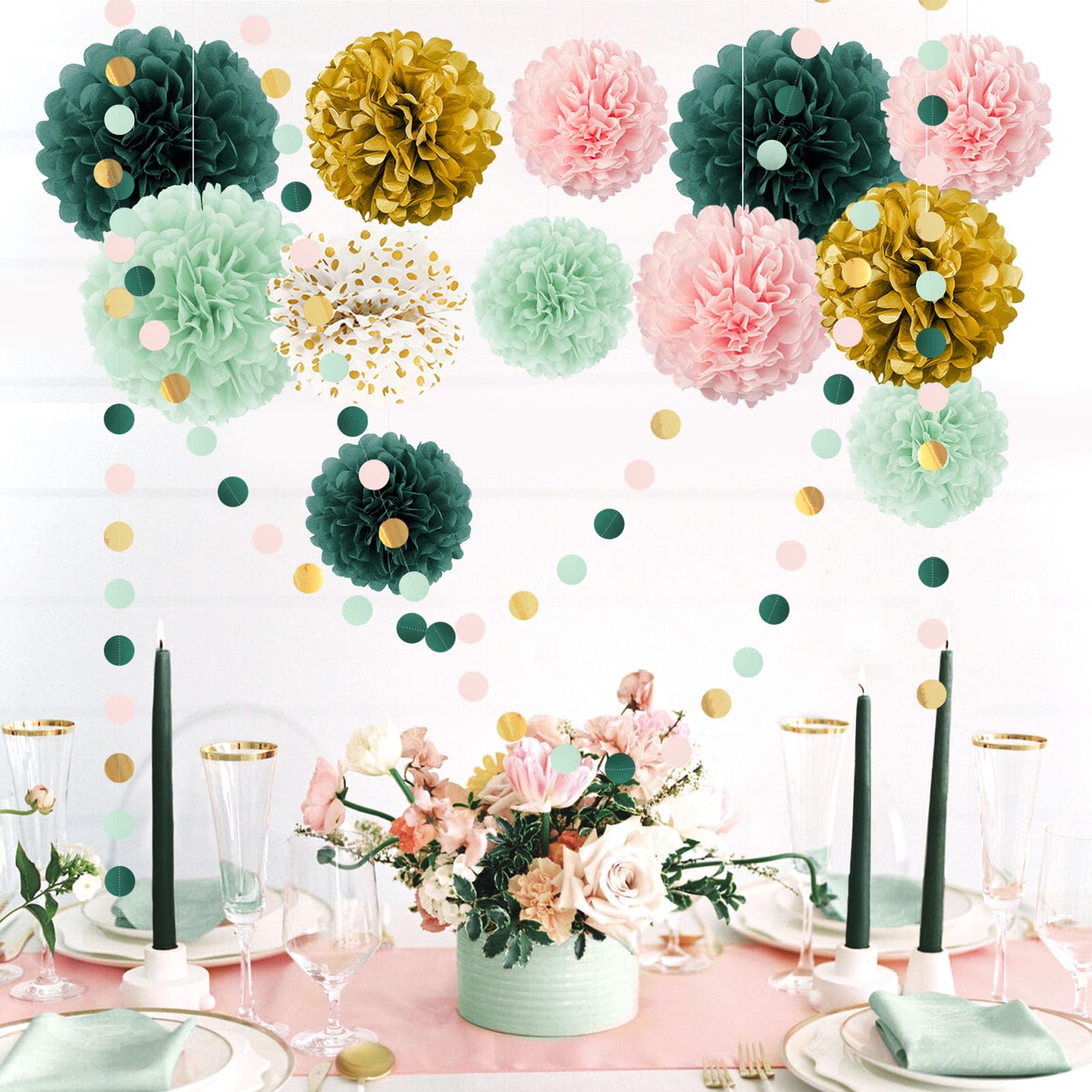 AOBKIAT Wedding Birthday Party Decorations Set 15PCS Sage Green Pink Tissue Paper Pompoms Circle Dots Paper Garland String Hanging Backdrop for Baby Shower  Boho Bridal Wedding Theme Decor