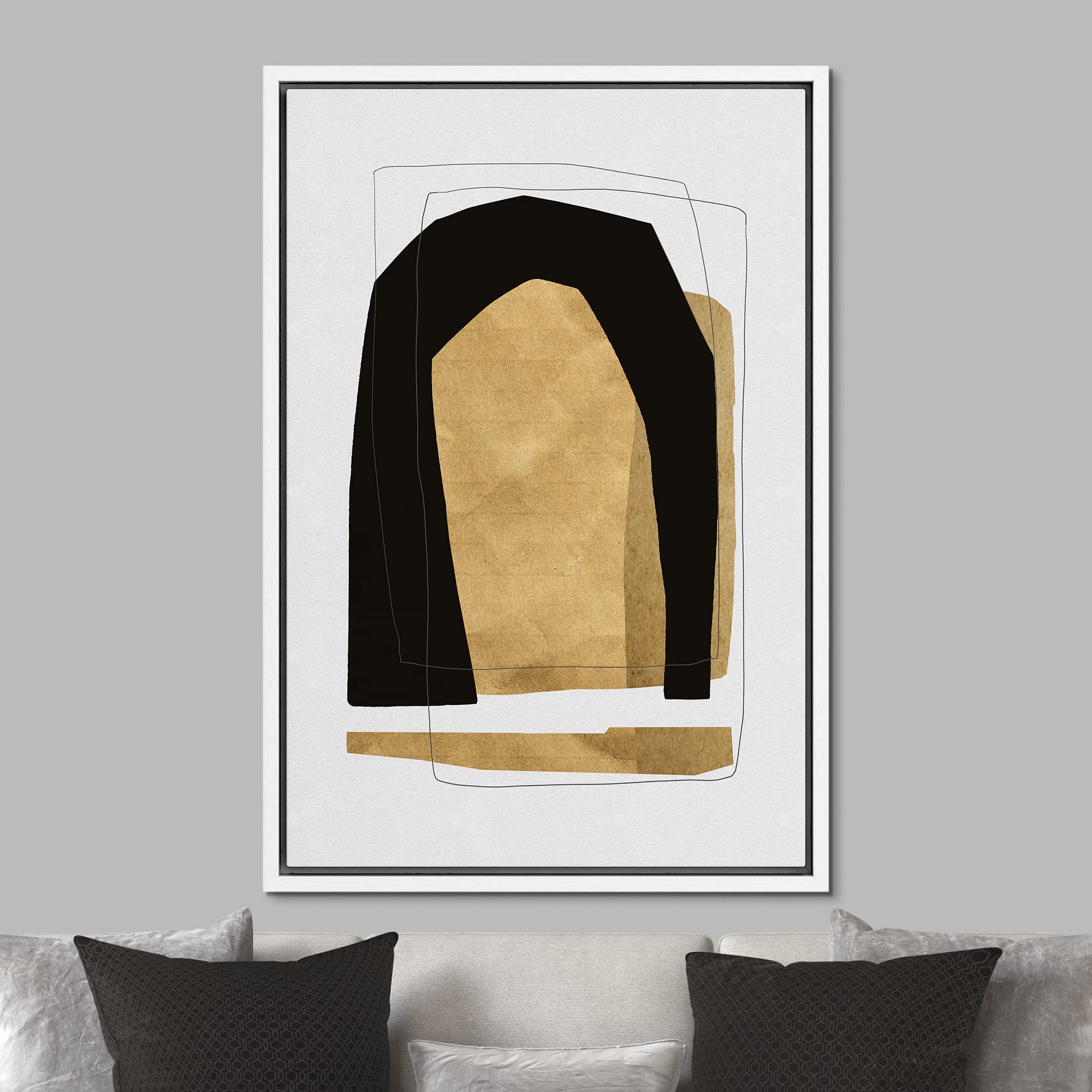 Signford Framed Canvas Print Wall Art Gold Black Geometric Polygon Landscape Abstract Shapes Illustrations Modern Art Decorative