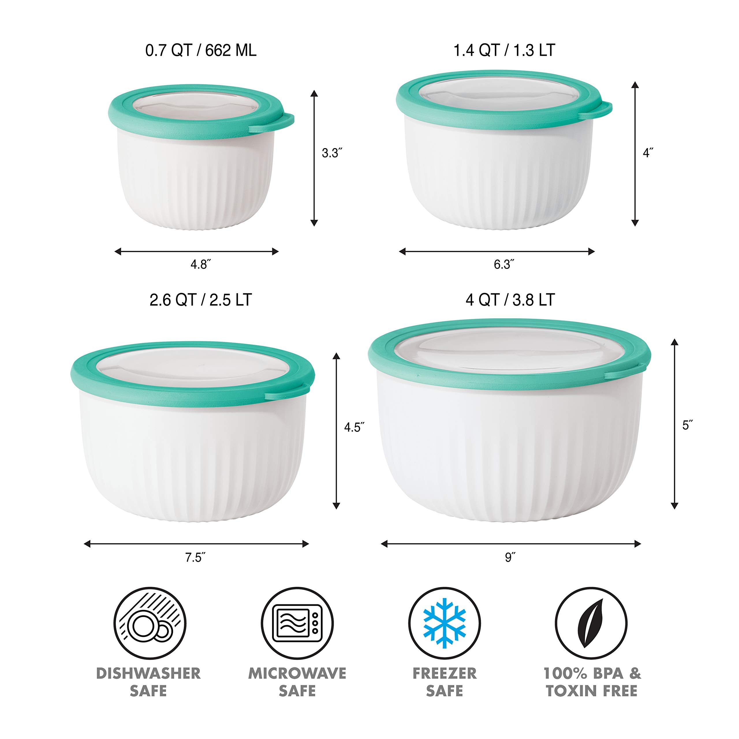 Oggi 1.4 Qt Mix, Store & Serve Bowl with See-Thru Lid - White/Aqua, Plastic, Model 5182