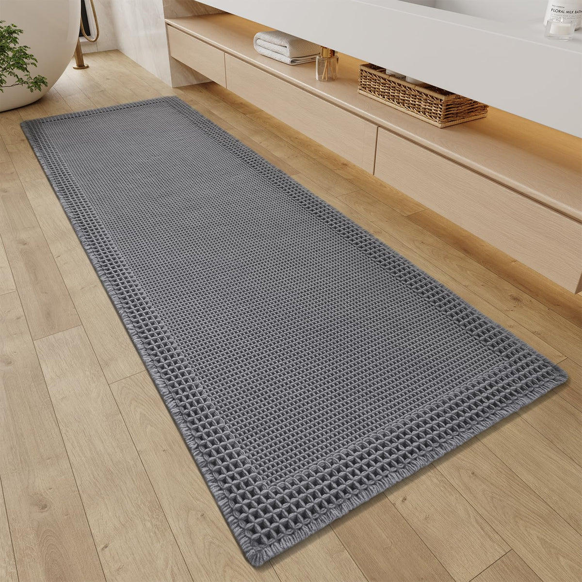 Resare Waffle Bathroom Runner Rugs, Super Absorbent Bath Mat Non Slip Washable Quick Dry, Upgraded Ultra Soft Boho Bath Rugs Wit