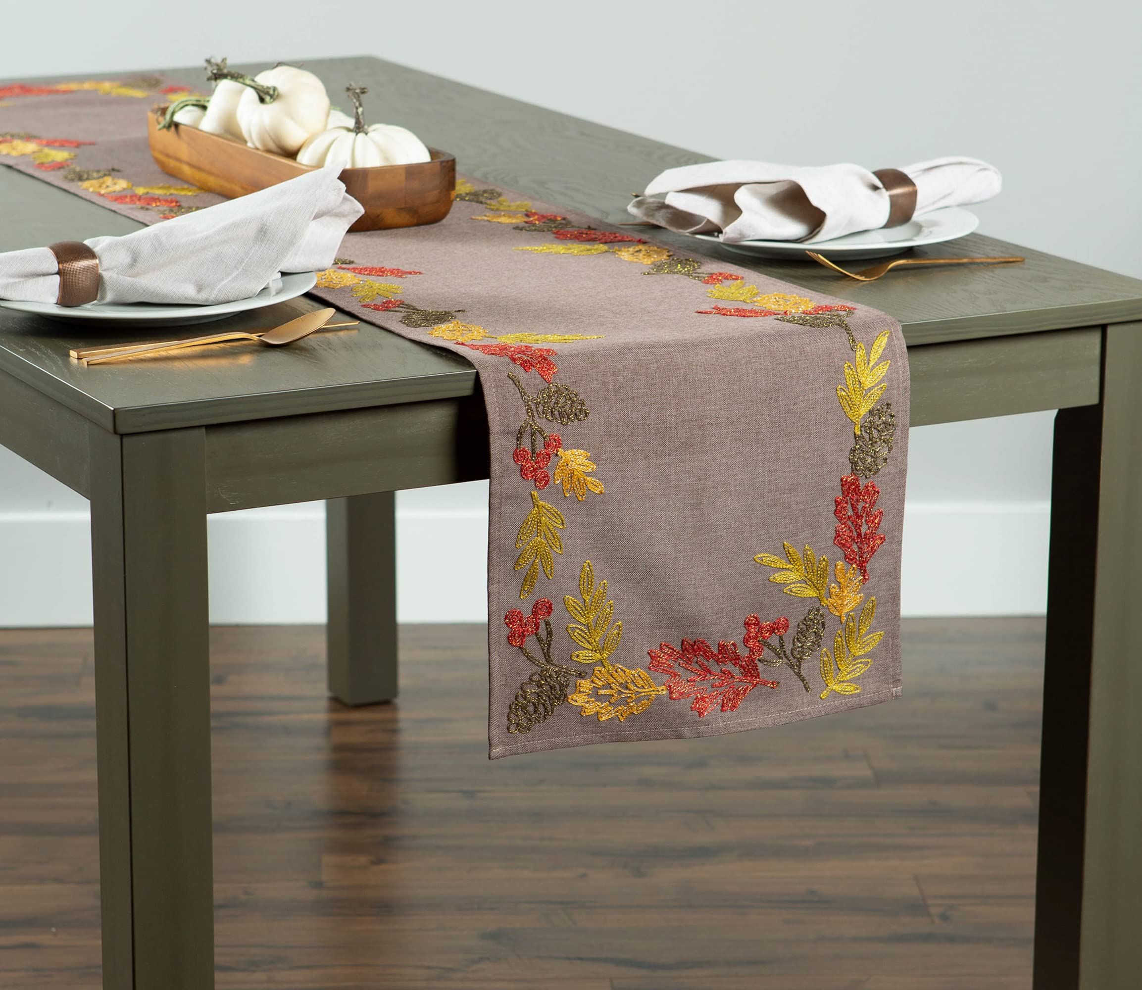 Dii Fall Table D  Cor Embroidered Tabletop For Thanksgiving Dining, Table Runner, 14X108, Shimmering Leaves