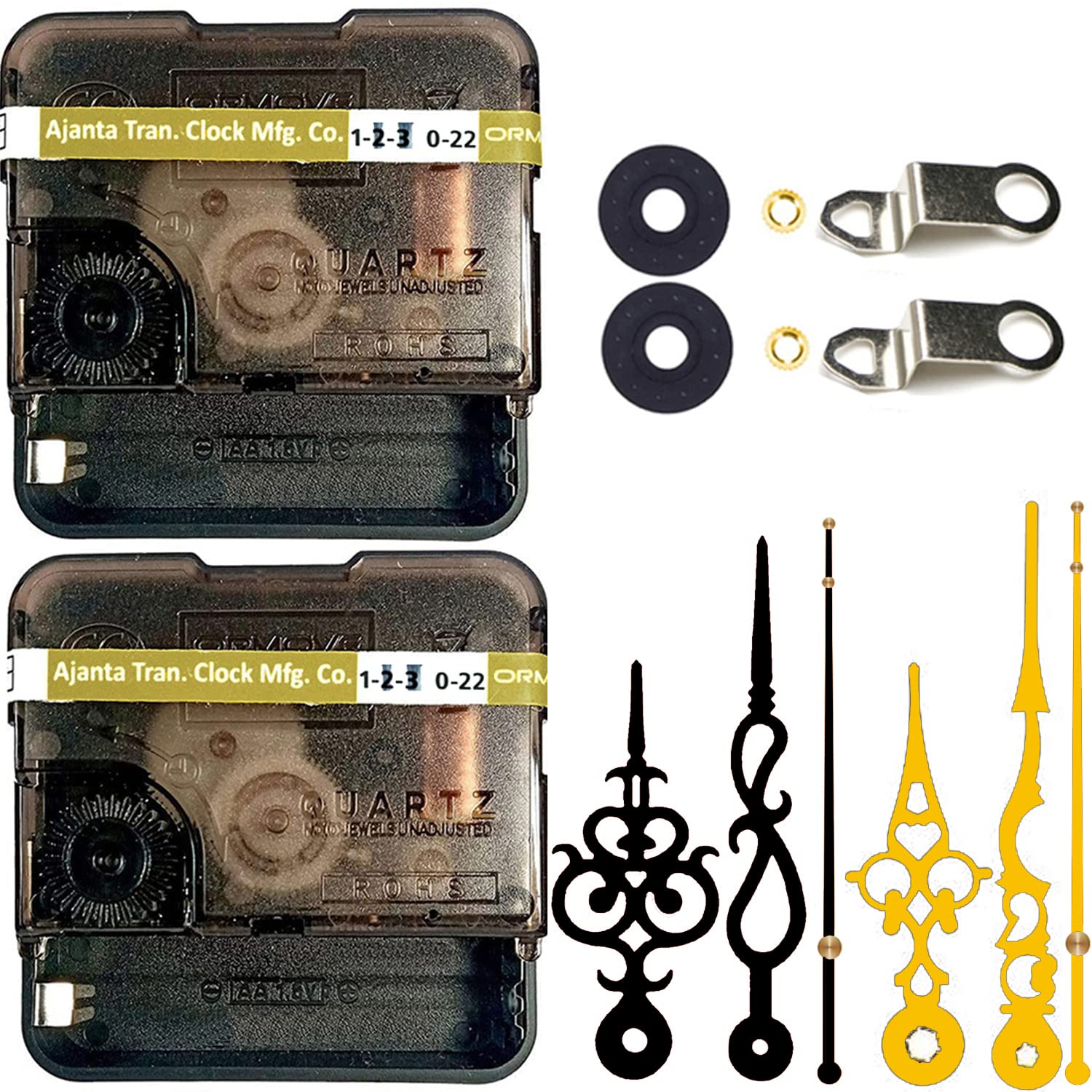 Yonota Combo Of 2 Ajanta Mfg. Battery Operated Plastic Ticking Analog Wall Clock Movement Machine With Hands (Black+Gold D1)