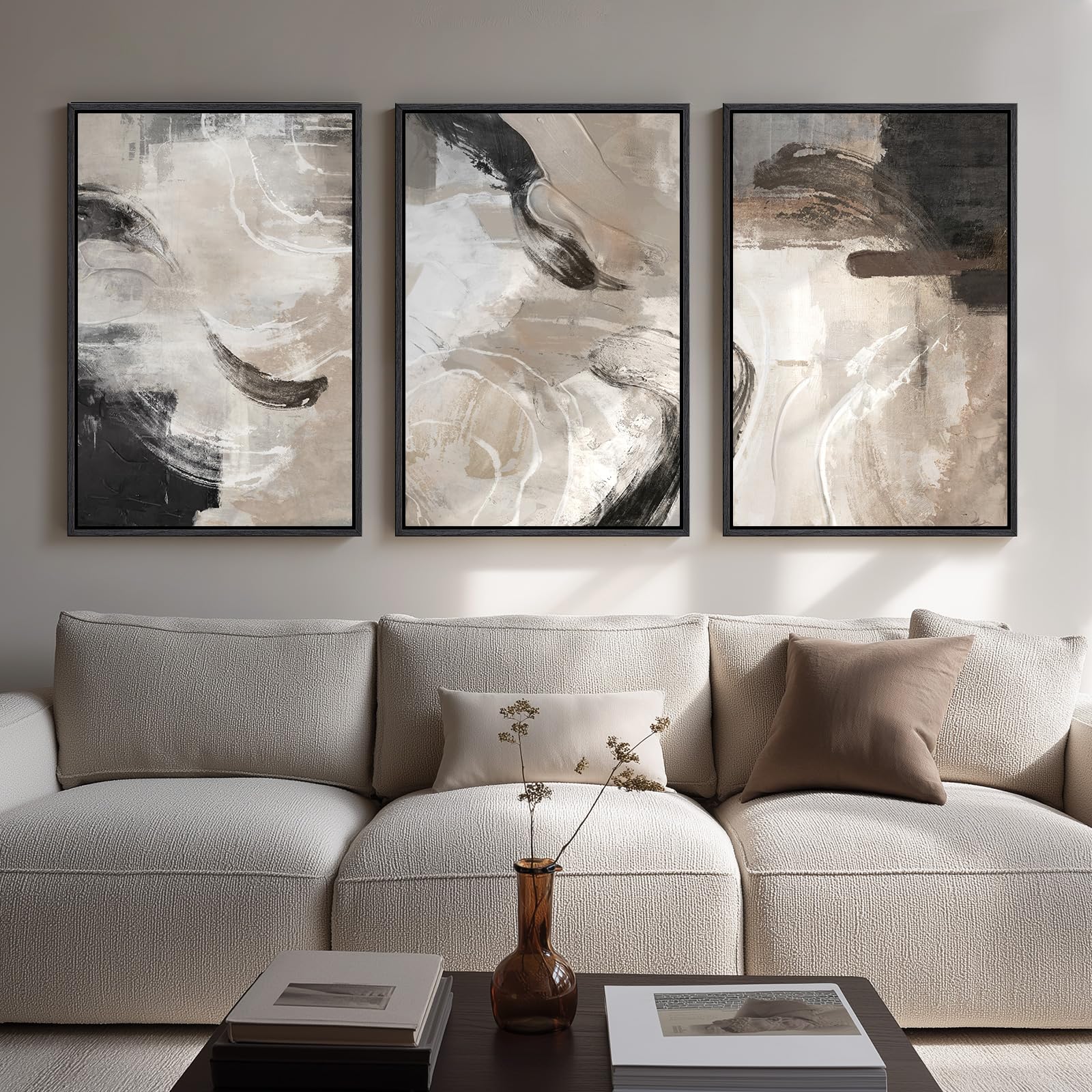 Large Framed Neutral Abstract Wall Art For Living Room, 3 Piece Modern Canvas Prints Paintings Artwork For Walls, Black Beige Br