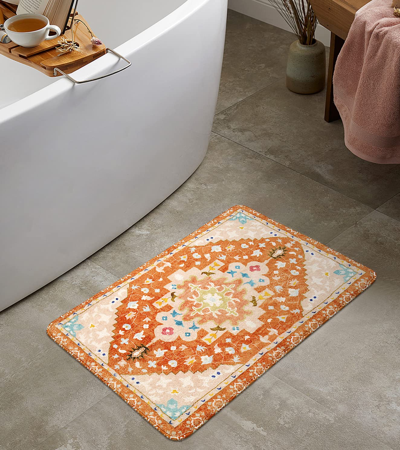 Uphome Boho Tribal Bathroom Rugs Orange Cute Floral Bath Mat Non-Slip Machine Washable Small Rug Soft Oriental Bath Mats For Bat