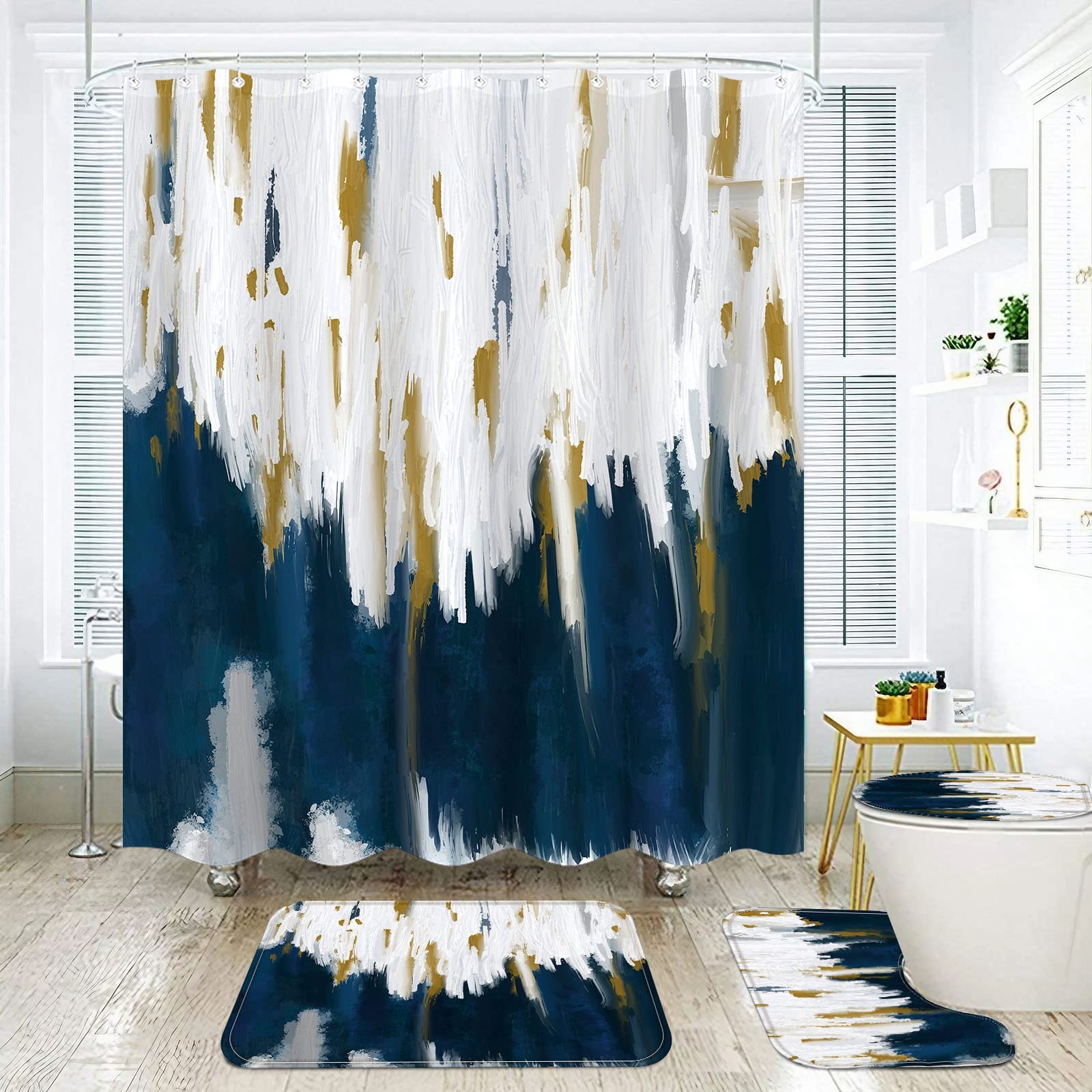 Fungarth 4 Pcs Navy Blue Shower Curtain Set With Rug Abstract Modern Simple Bathroom Sets With Waterproof Fabric Shower Curtain