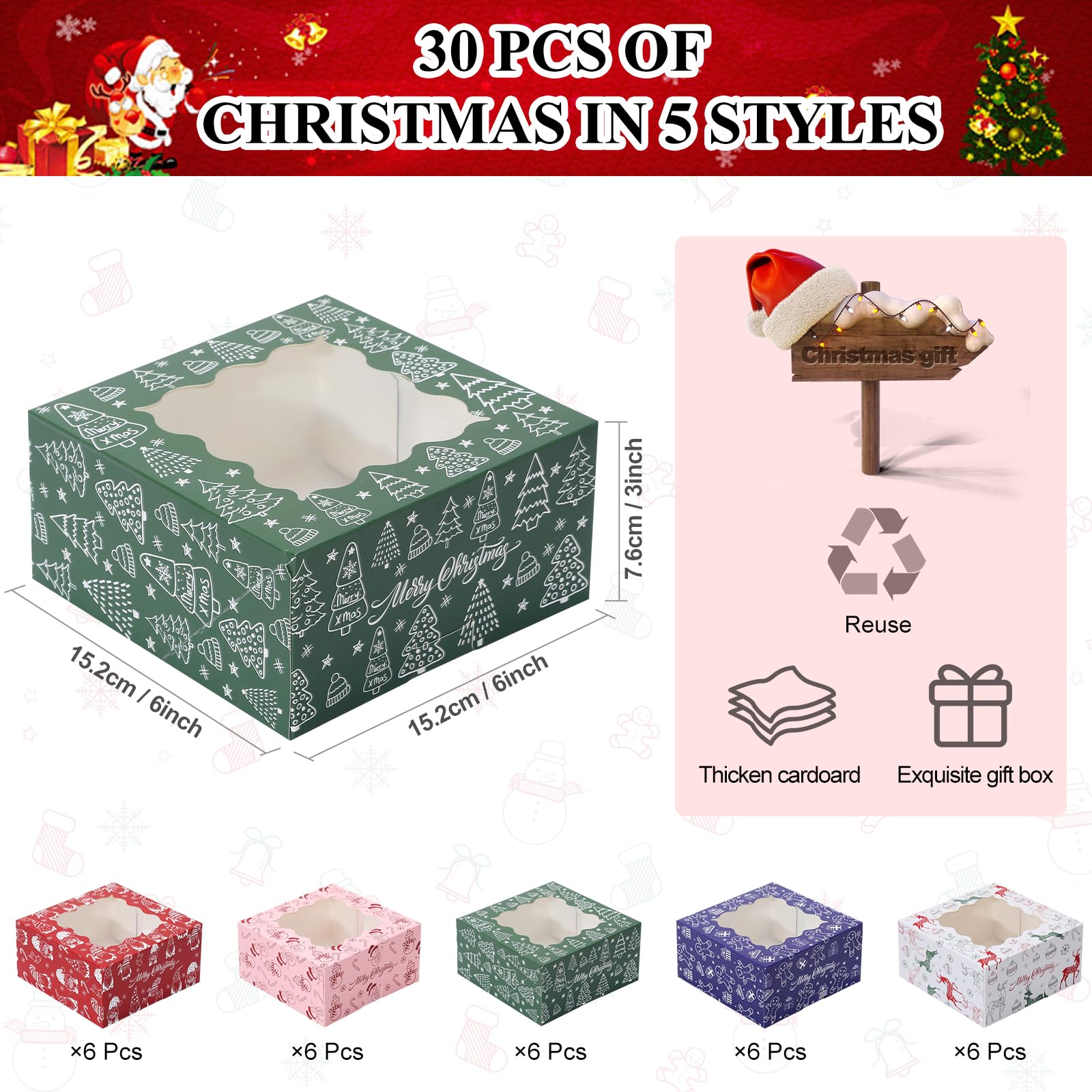 COTOPHER 30Pcs Christmas Cookie Boxes for Gift Giving, 6x6x3 inch Bakery Box with Window, Xmas treat Boxes for Holiday Party Fav