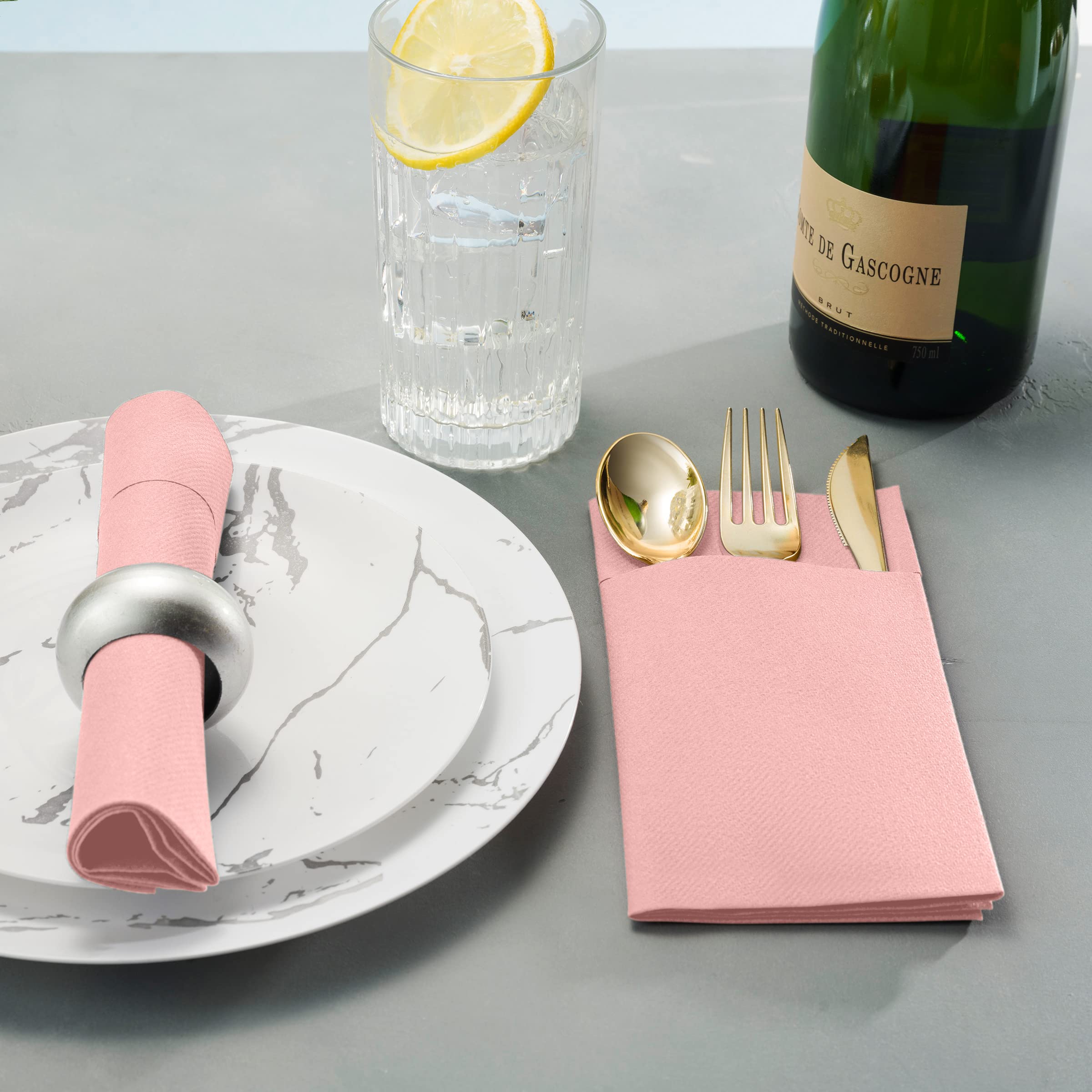Disposable Linen-Feel Dinner Napkins with Built-in Flatware Pocket  50-Pack PINK Prefolded Cloth Like Paper Napkins For Dinner  Wedding Or Party [Silverware NOT Included]