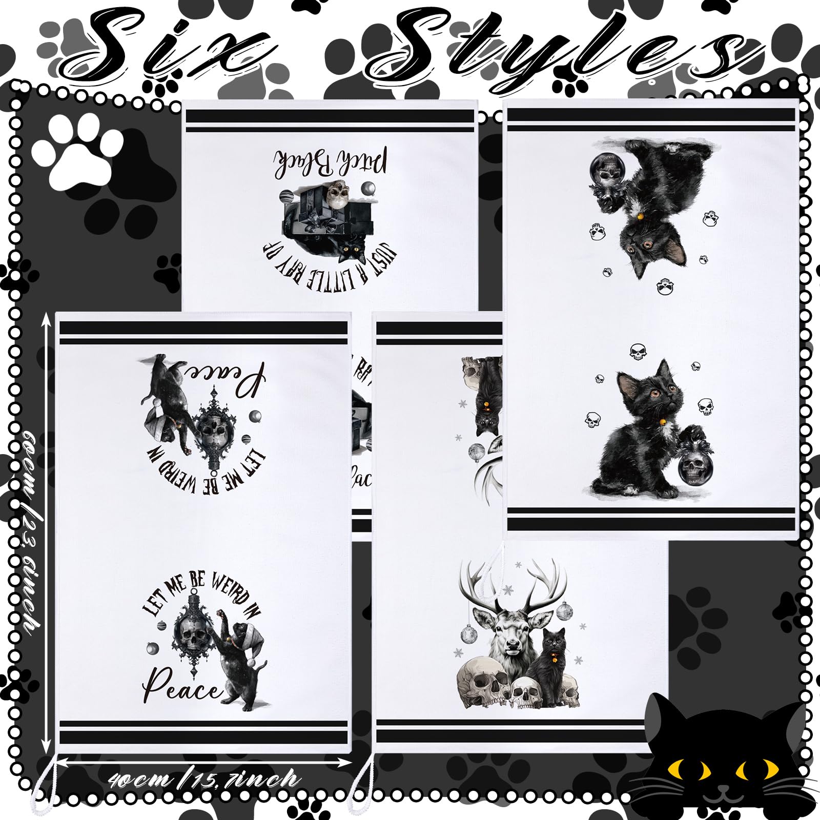 Bencailor 6 Pcs Gothic Christmas Kitchen Towels Black Cat Spooky Christmas Dish Hand Towels Creepy Horror Xmas Tea Washcloth for