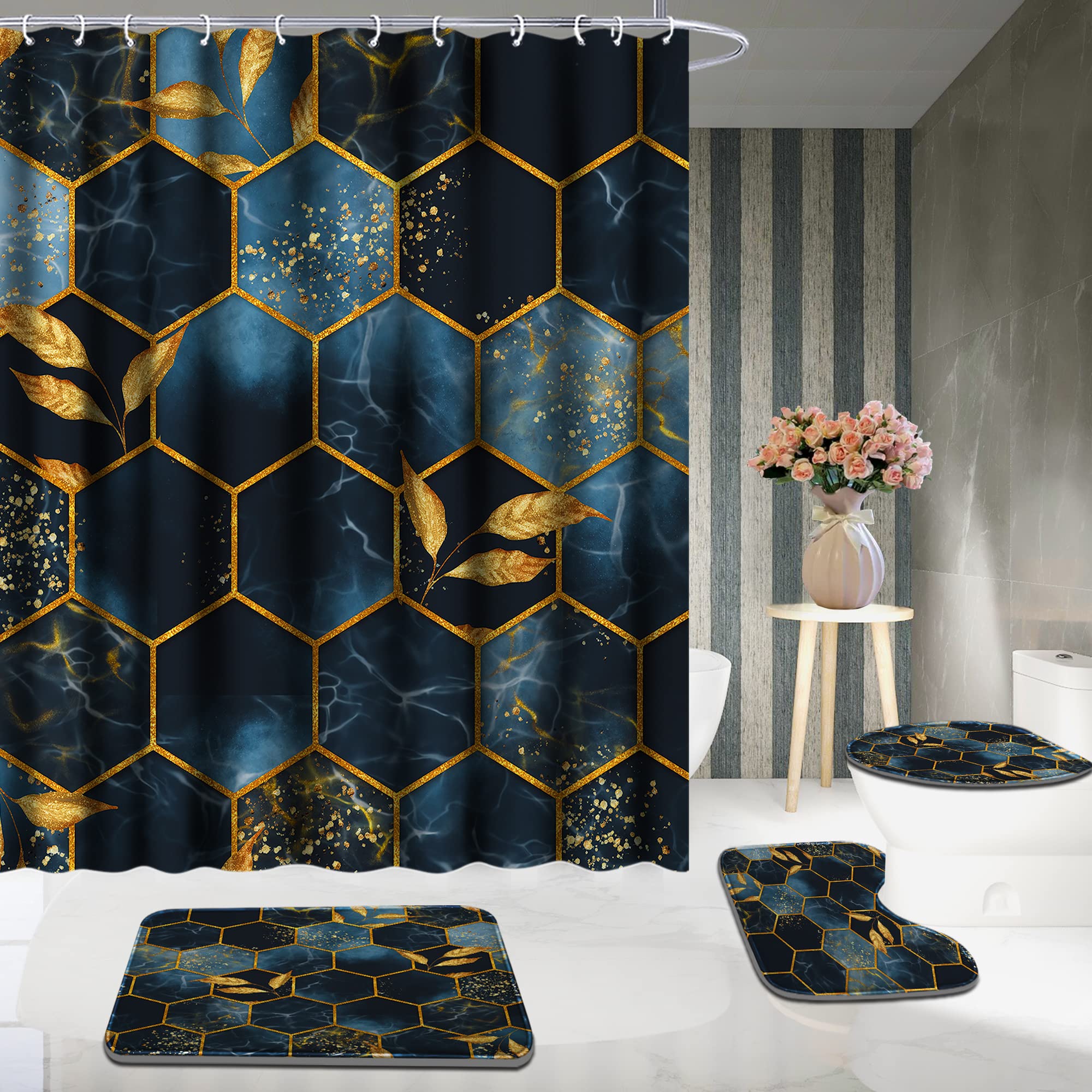 Poedist 4 Pcs Bathroom Shower Curtain Set,Bathroom Sets With Rugs(Bath Mat,U Shape And Toilet Lid Cover Mat) And 12 Hooks,Black