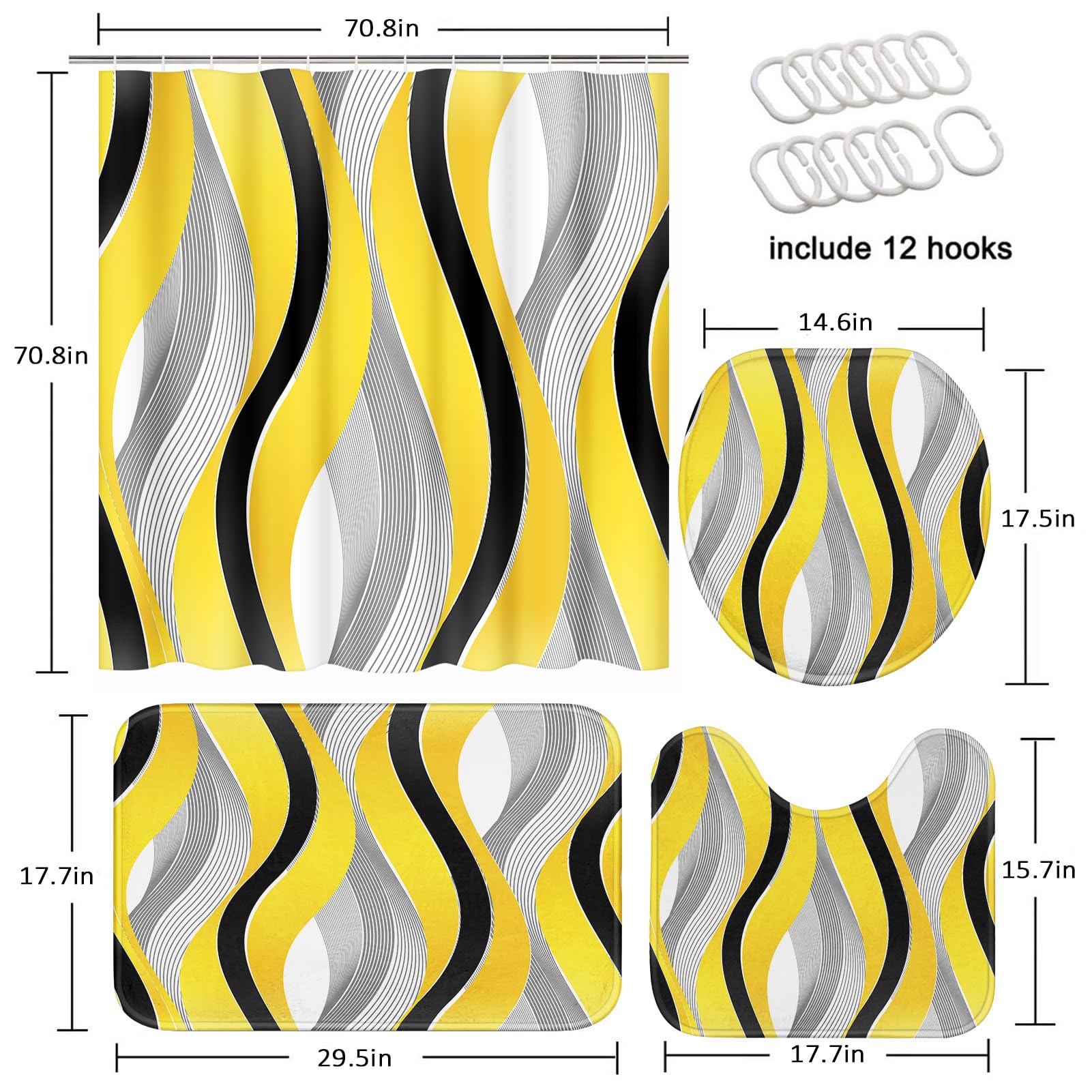 Tayney Yellow Striped Shower Curtain Set - 4 Pcs, 72"W x 72"L, Polyester, Geometric Lines, Includes Toilet Lid Cover & Non-Slip Rugs