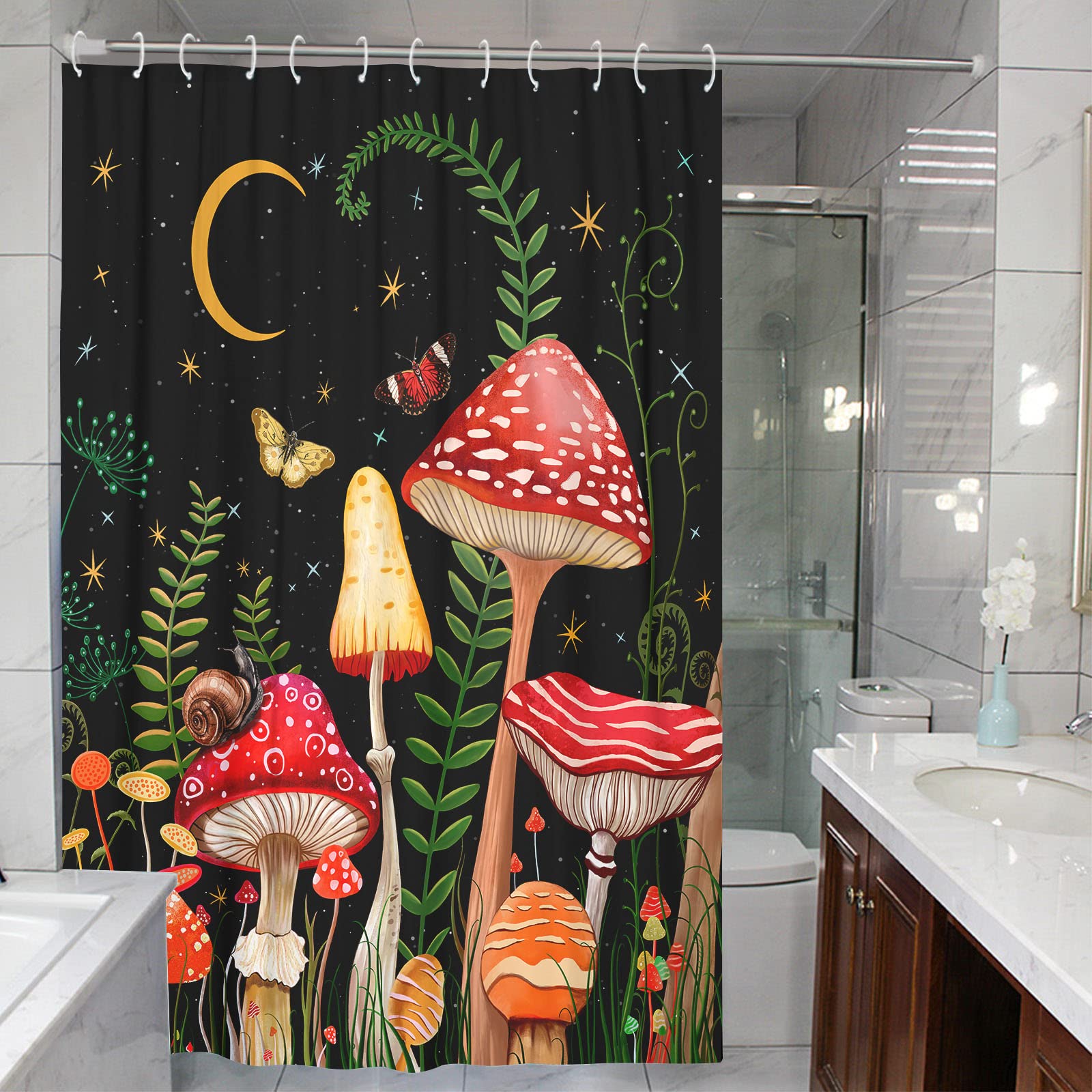 Zussun 84 Inch Extra Long Mushroom Shower Curtain Black And Red Floral Butterfly Waterproof Fabric Bathroom Shower Curtains Aest